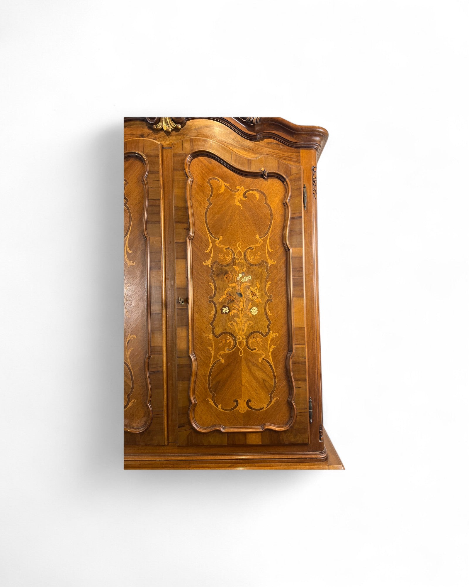 Trumeau Walnut Italian Louis XV Style Cabinet with Green Fabric Interior