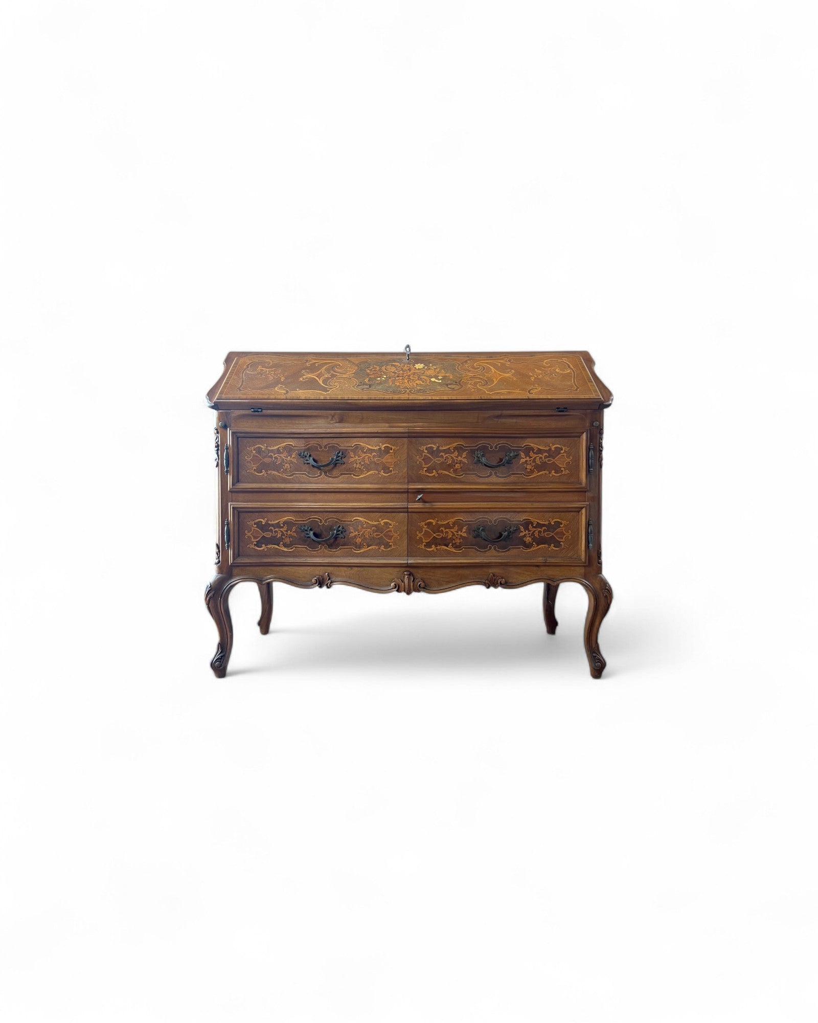 Trumeau Walnut Italian Louis XV Style Cabinet with Green Fabric Interior