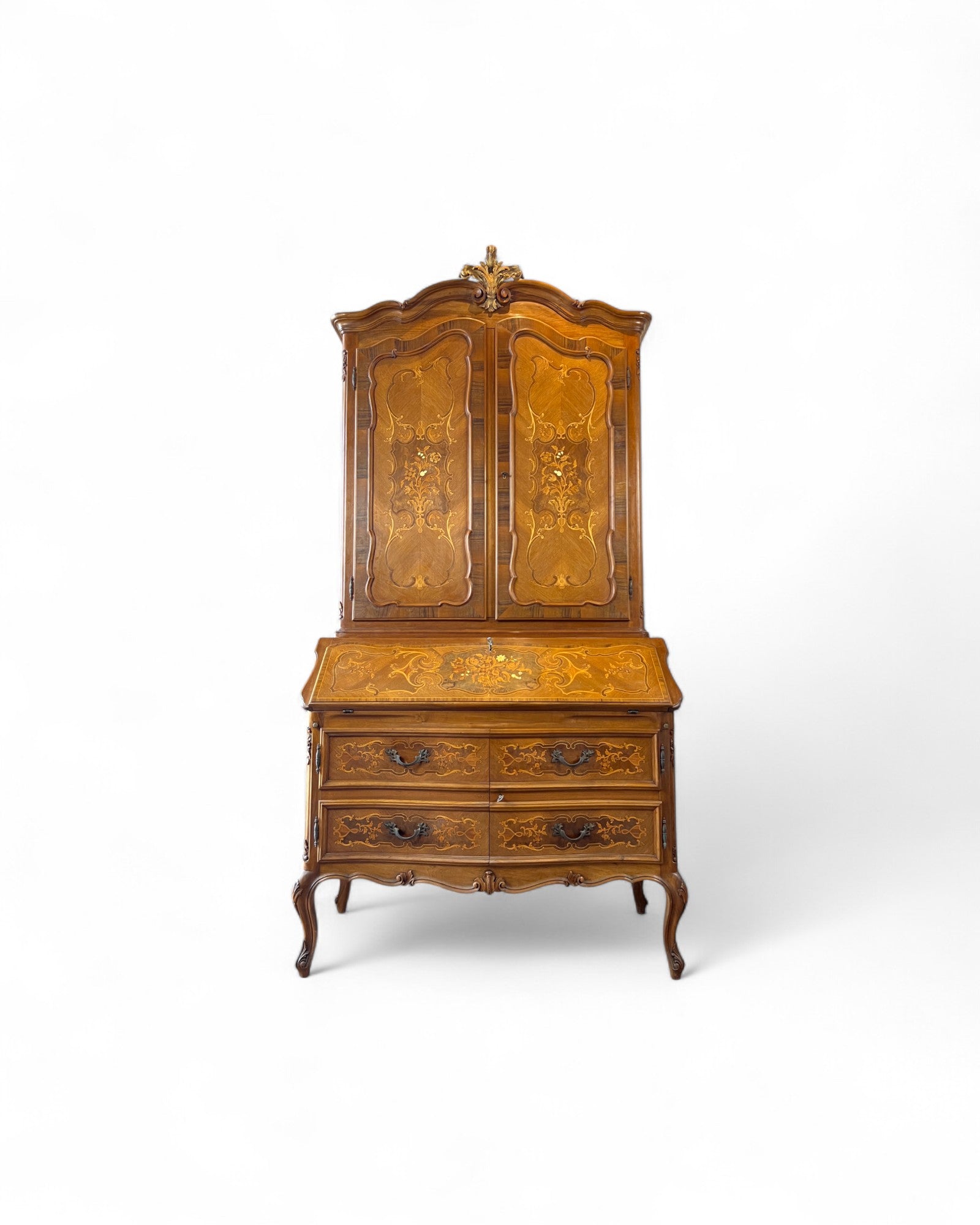 Trumeau Walnut Italian Louis XV Style Cabinet with Green Fabric Interior