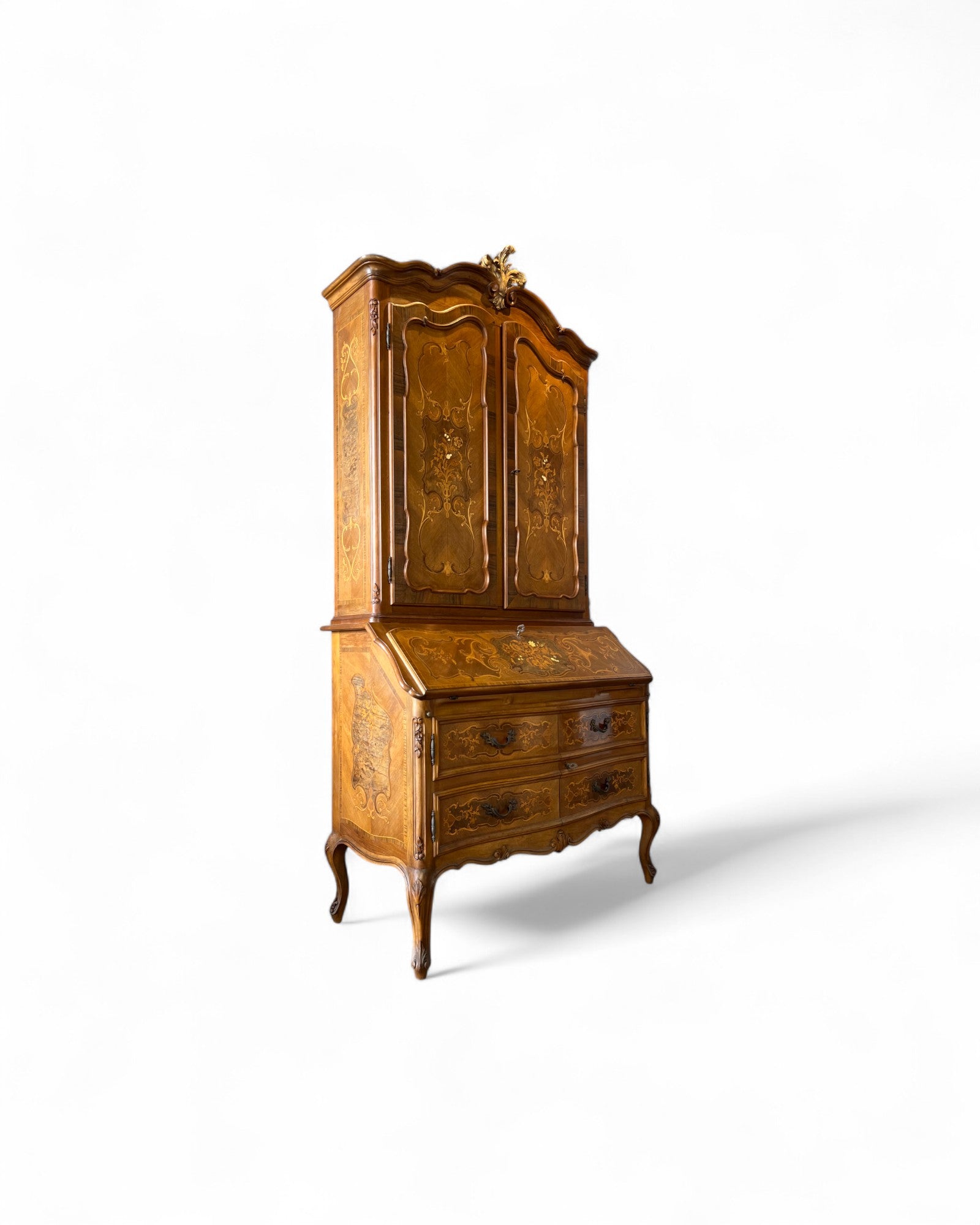 Trumeau Walnut Italian Louis XV Style Cabinet with Green Fabric Interior