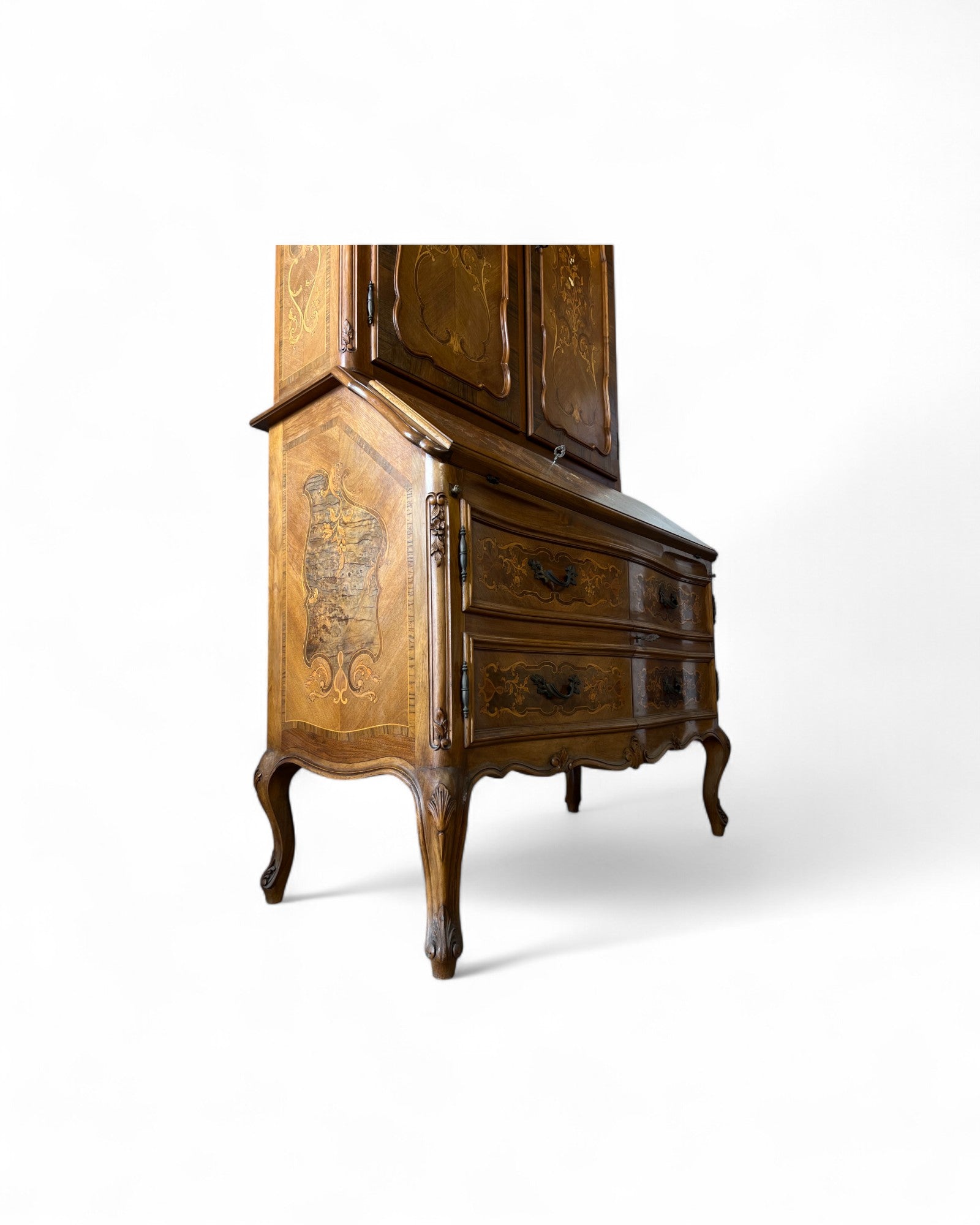 Trumeau Walnut Italian Louis XV Style Cabinet with Green Fabric Interior