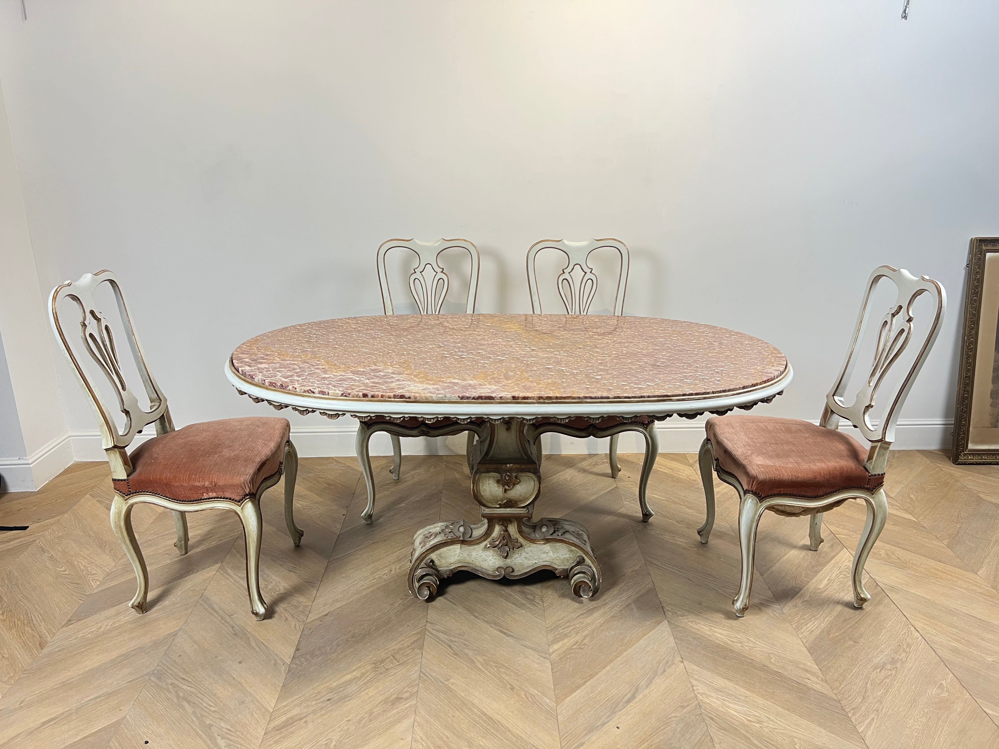 Set of 6 Venetian Lacquered Pearl & Salmon Velvet Dining Chairs