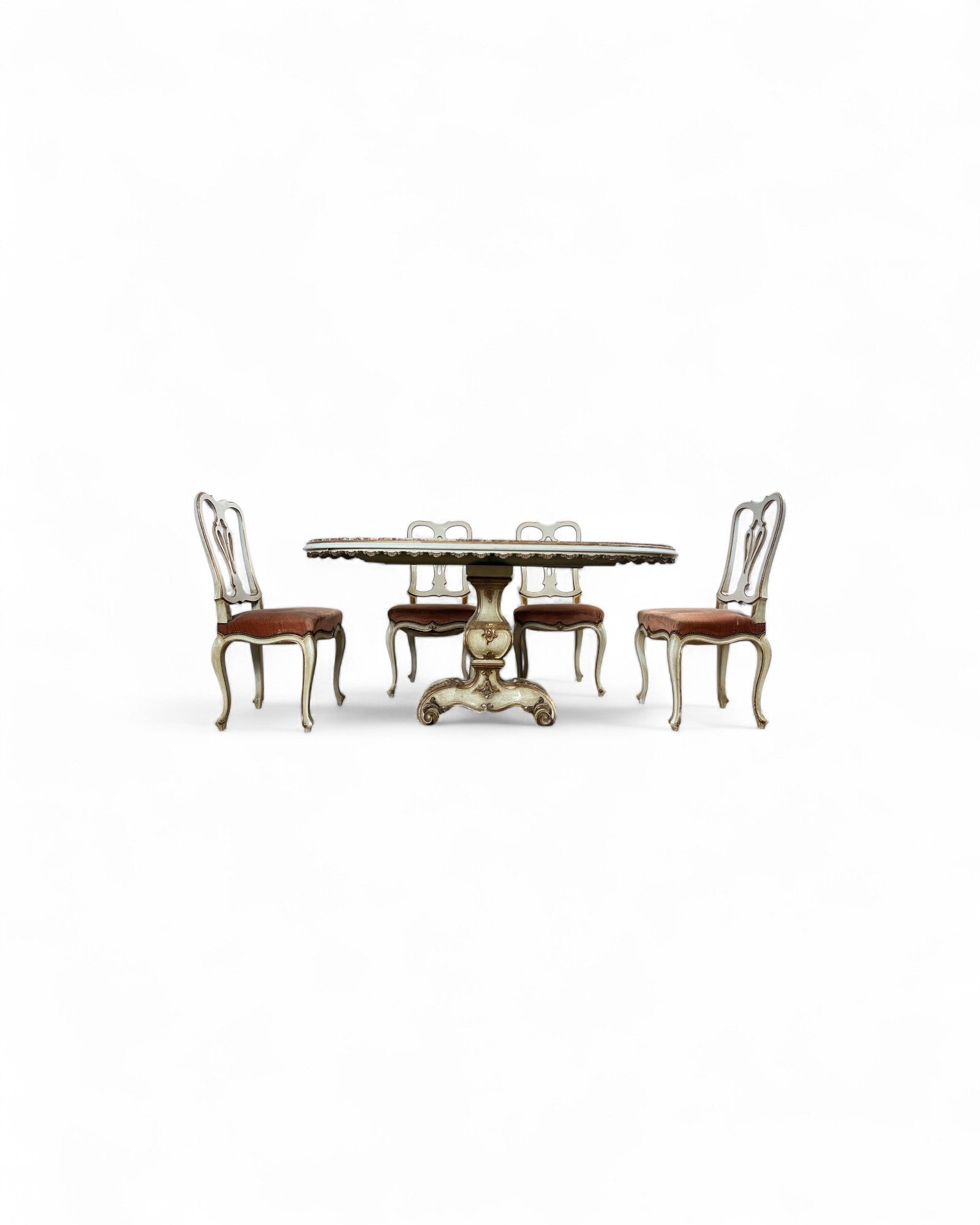Set of 6 Venetian Lacquered Pearl & Salmon Velvet Dining Chairs