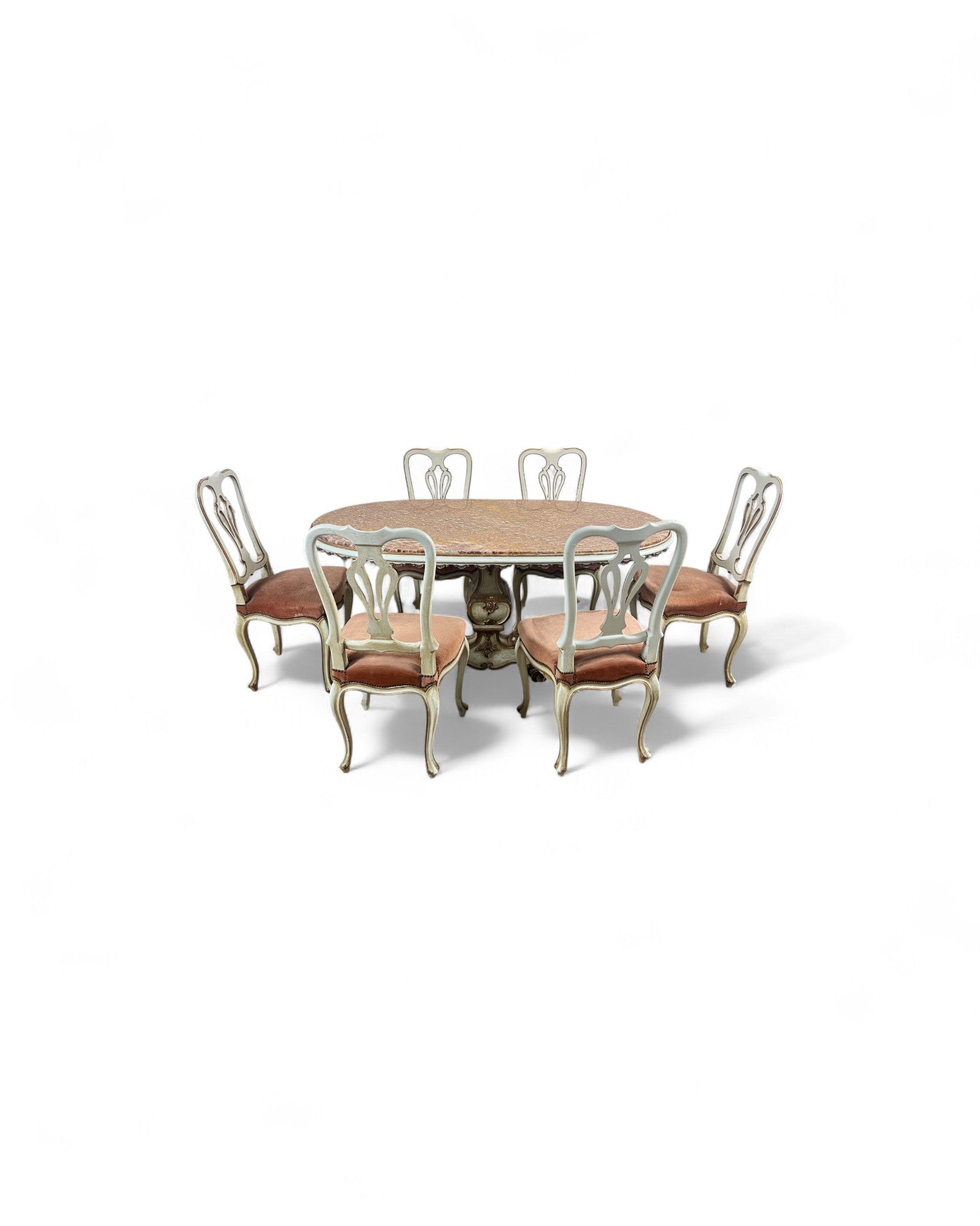 Set of 6 Venetian Lacquered Pearl & Salmon Velvet Dining Chairs