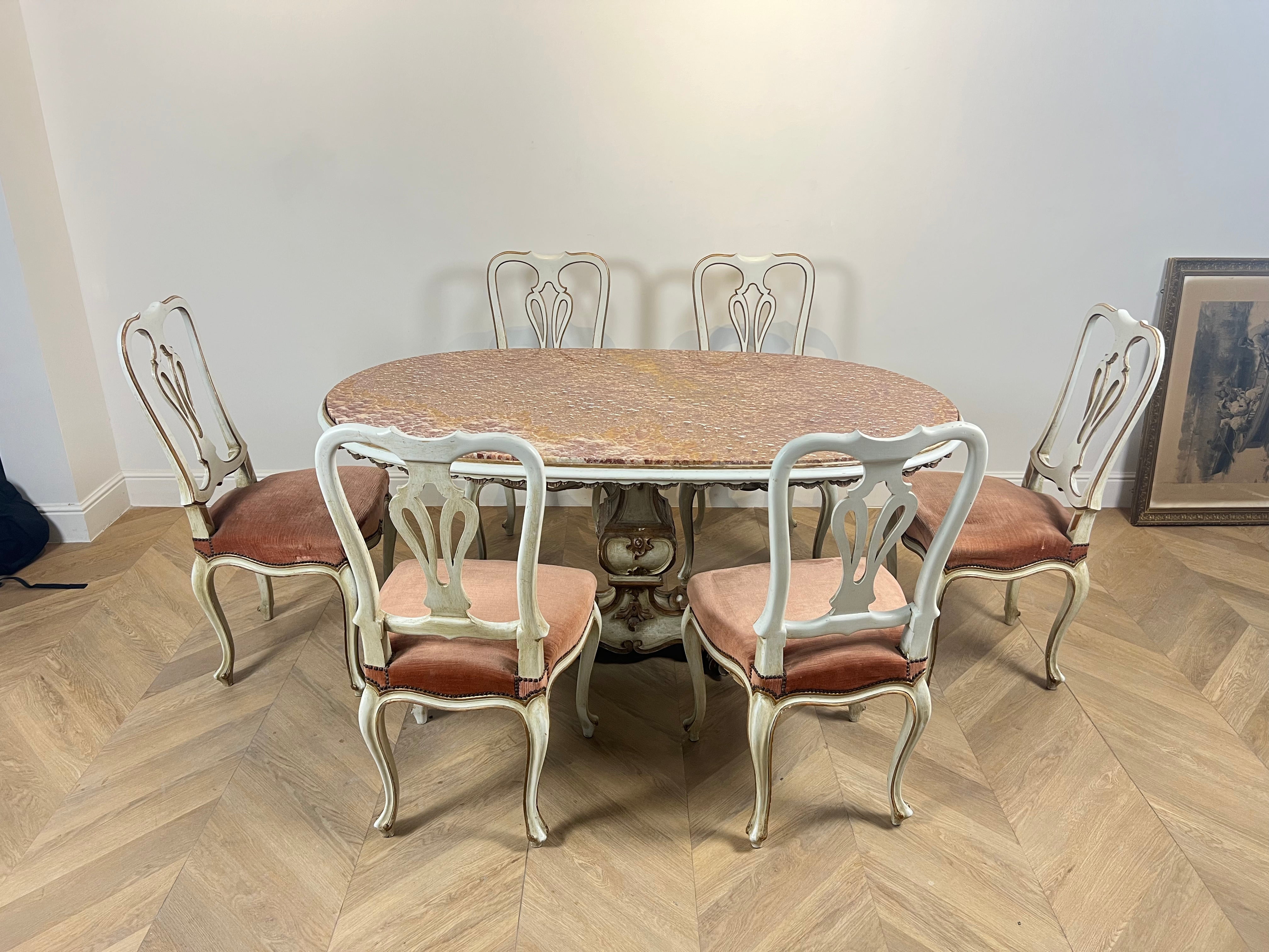 Set of 6 Venetian Lacquered Pearl & Salmon Velvet Dining Chairs