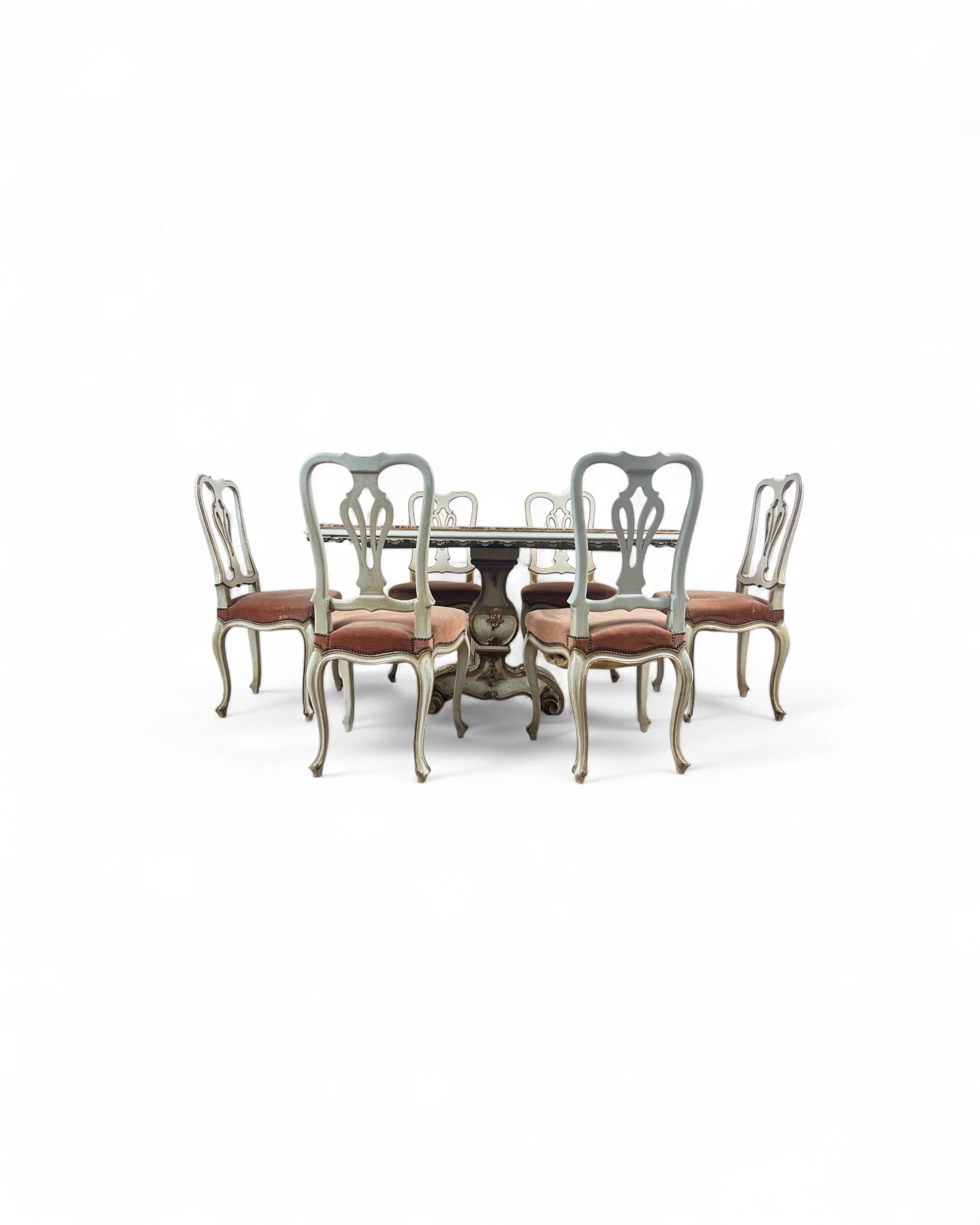 Set of 6 Venetian Lacquered Pearl & Salmon Velvet Dining Chairs