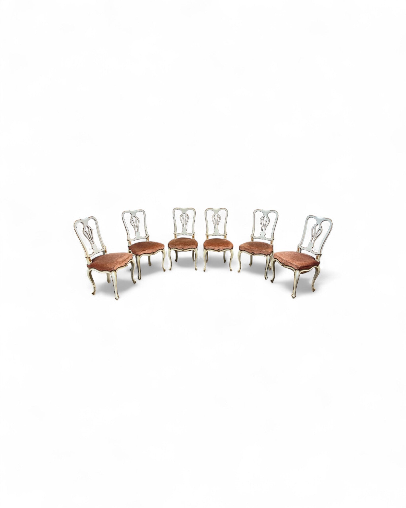 Set of 6 Venetian Lacquered Pearl & Salmon Velvet Dining Chairs
