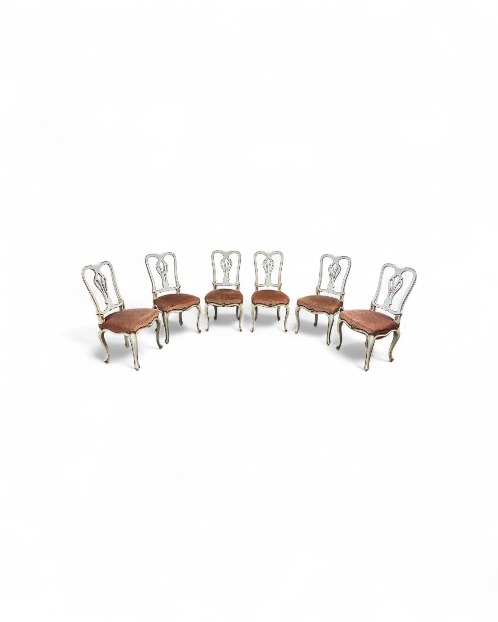 Set of 6 Venetian Lacquered Pearl & Salmon Velvet Dining Chairs