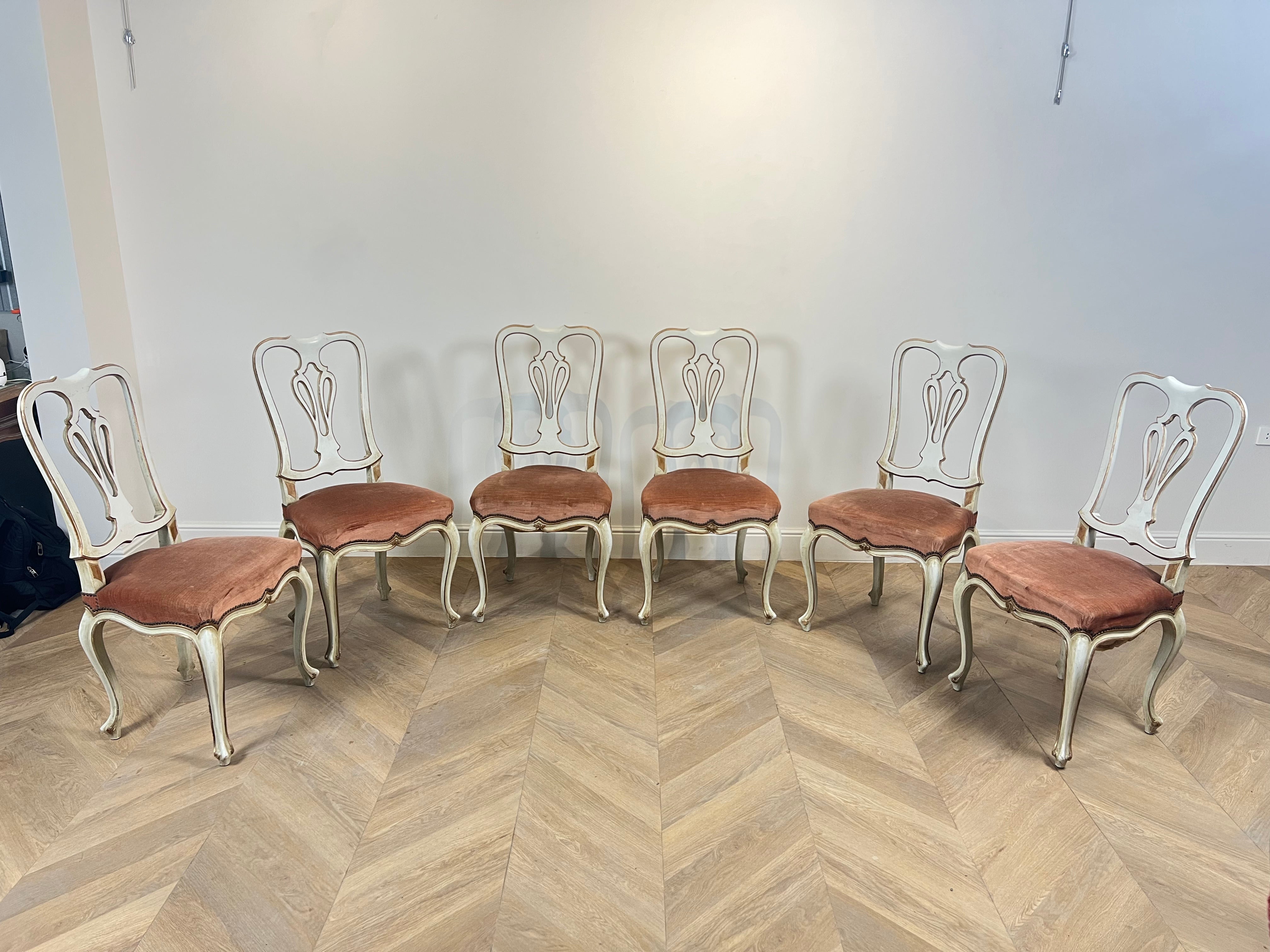 Set of 6 Venetian Lacquered Pearl & Salmon Velvet Dining Chairs