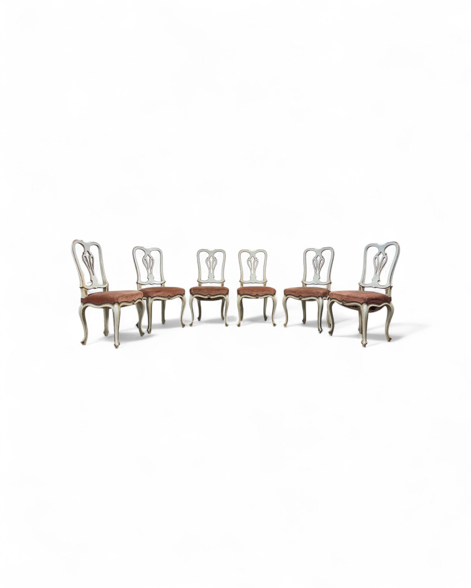 Set of 6 Venetian Lacquered Pearl & Salmon Velvet Dining Chairs
