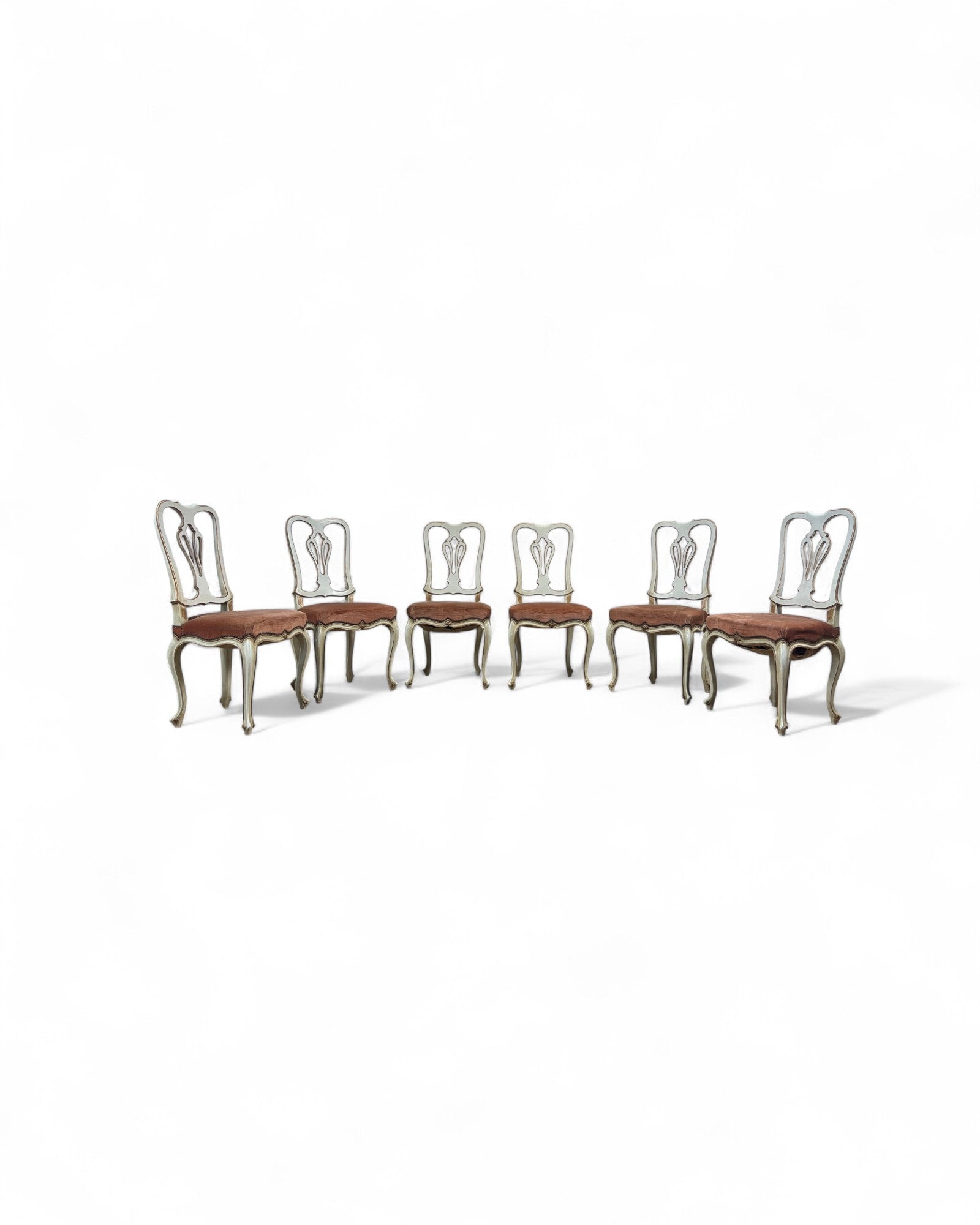 Set of 6 Venetian Lacquered Pearl & Salmon Velvet Dining Chairs