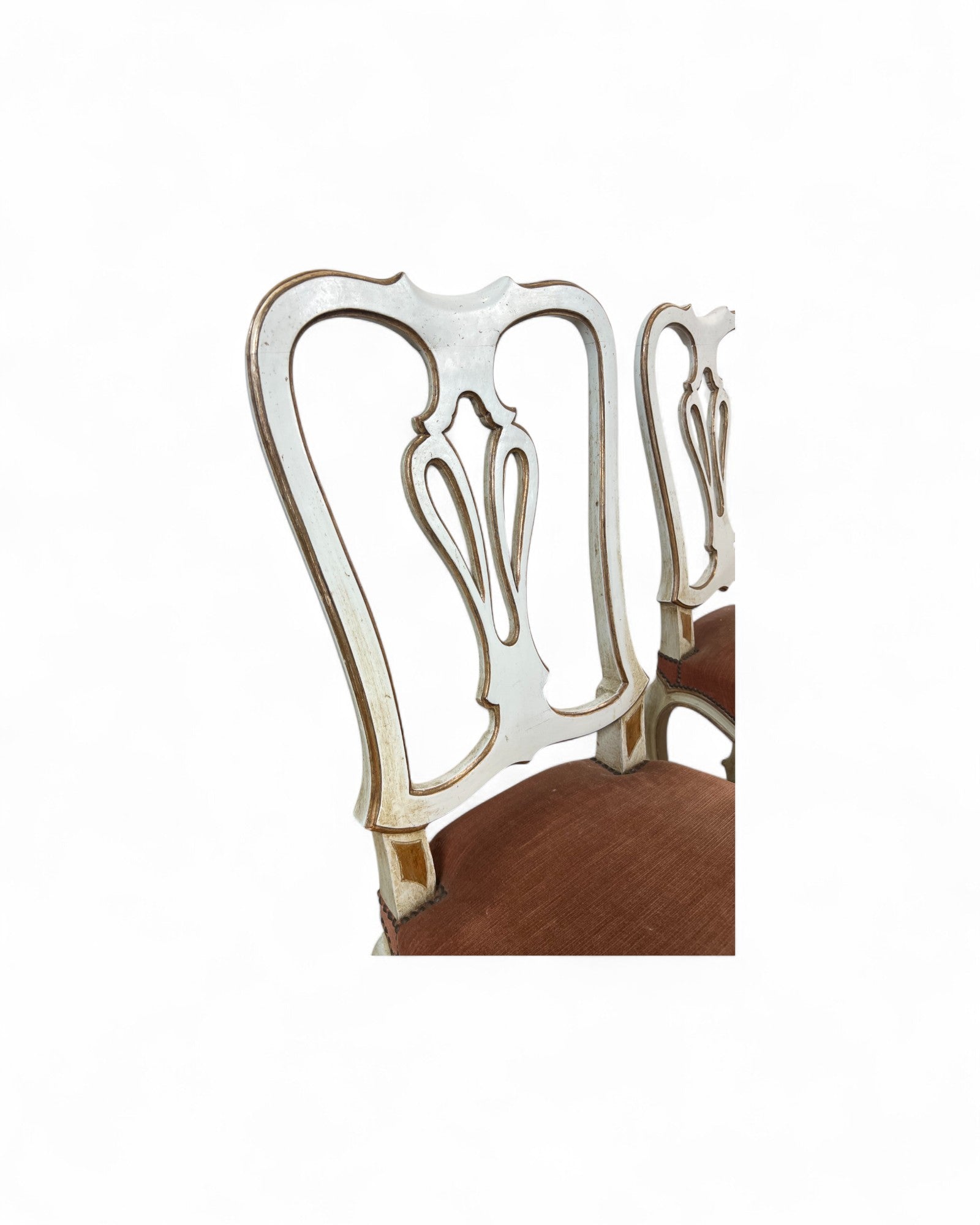 Set of 6 Venetian Lacquered Pearl & Salmon Velvet Dining Chairs