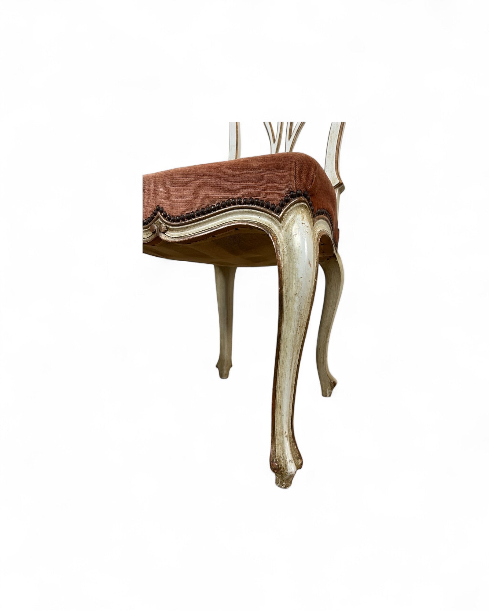 Set of 6 Venetian Lacquered Pearl & Salmon Velvet Dining Chairs