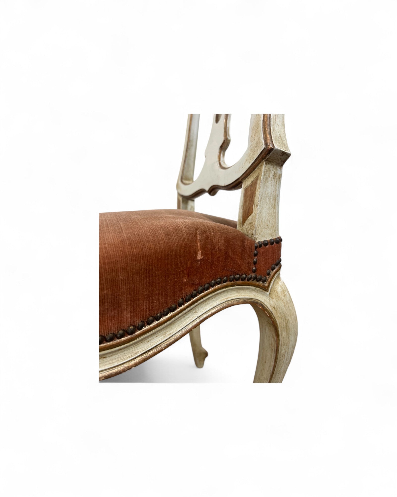 Set of 6 Venetian Lacquered Pearl & Salmon Velvet Dining Chairs