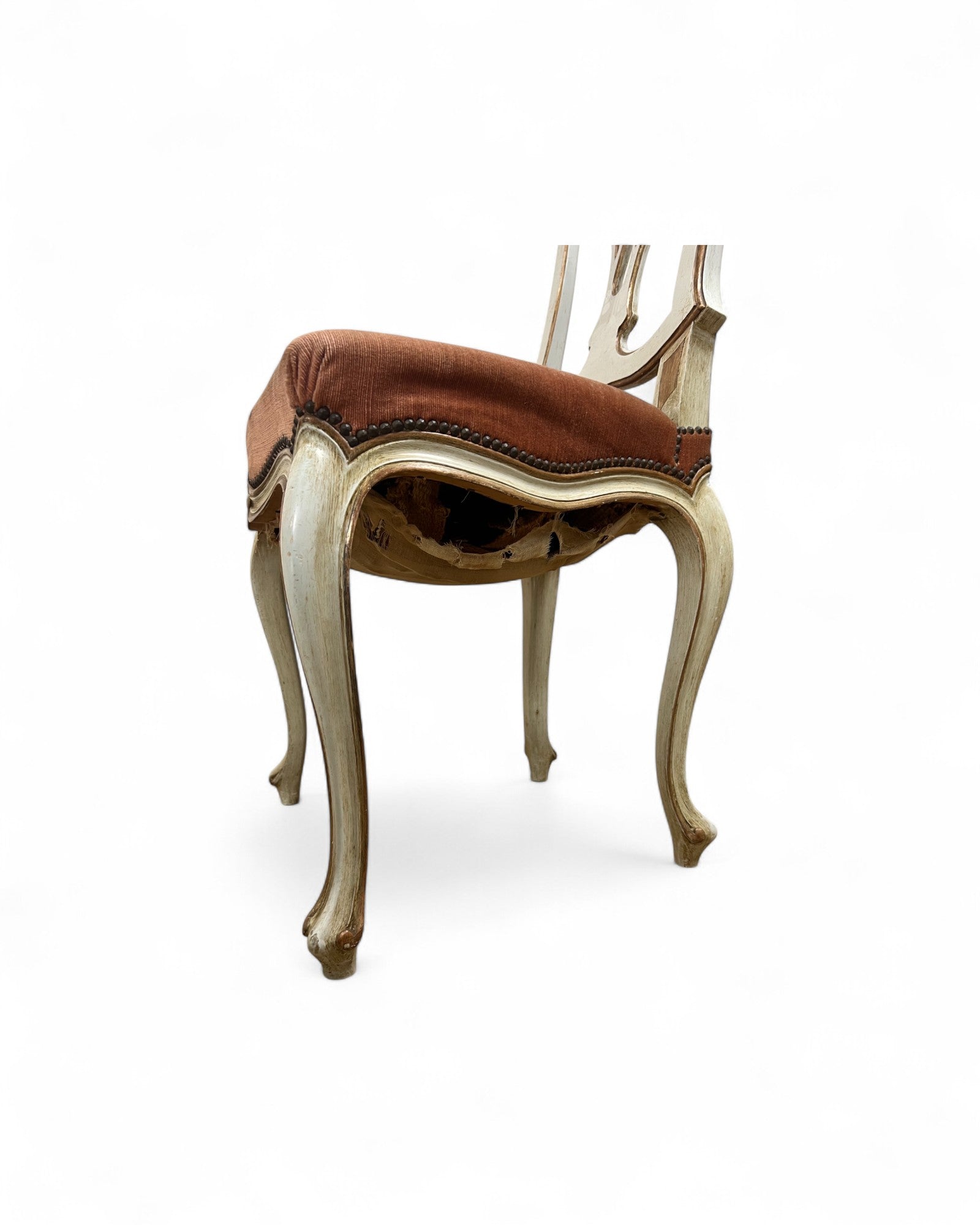 Set of 6 Venetian Lacquered Pearl & Salmon Velvet Dining Chairs