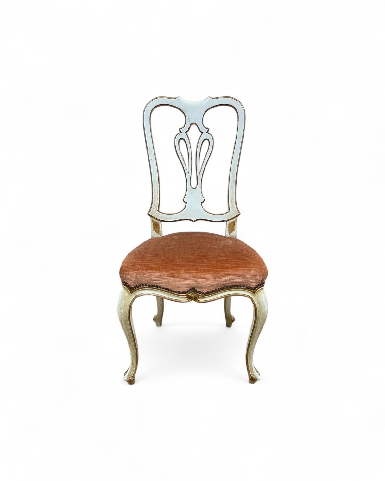 Set of 6 Venetian Lacquered Pearl & Salmon Velvet Dining Chairs