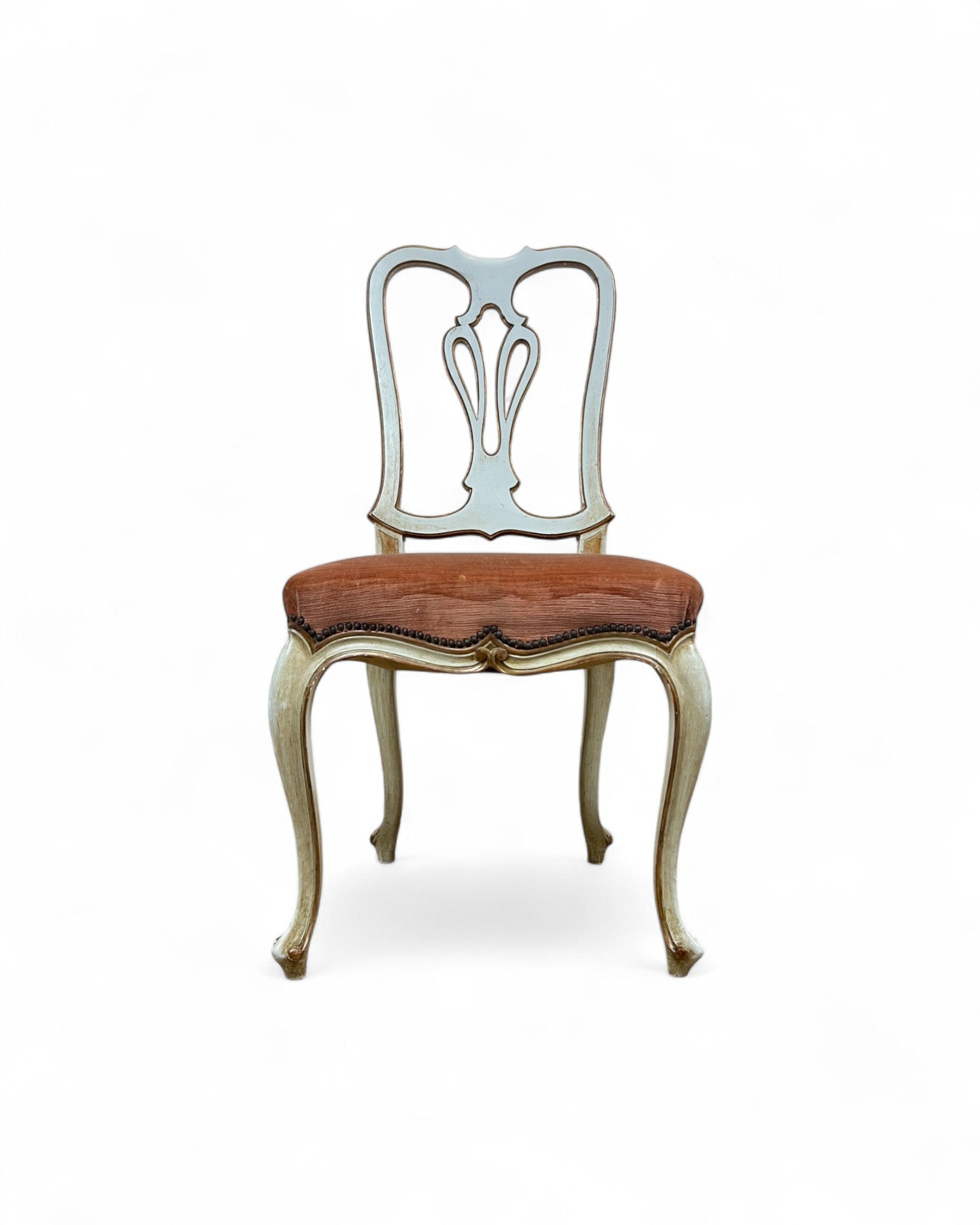 Set of 6 Venetian Lacquered Pearl & Salmon Velvet Dining Chairs