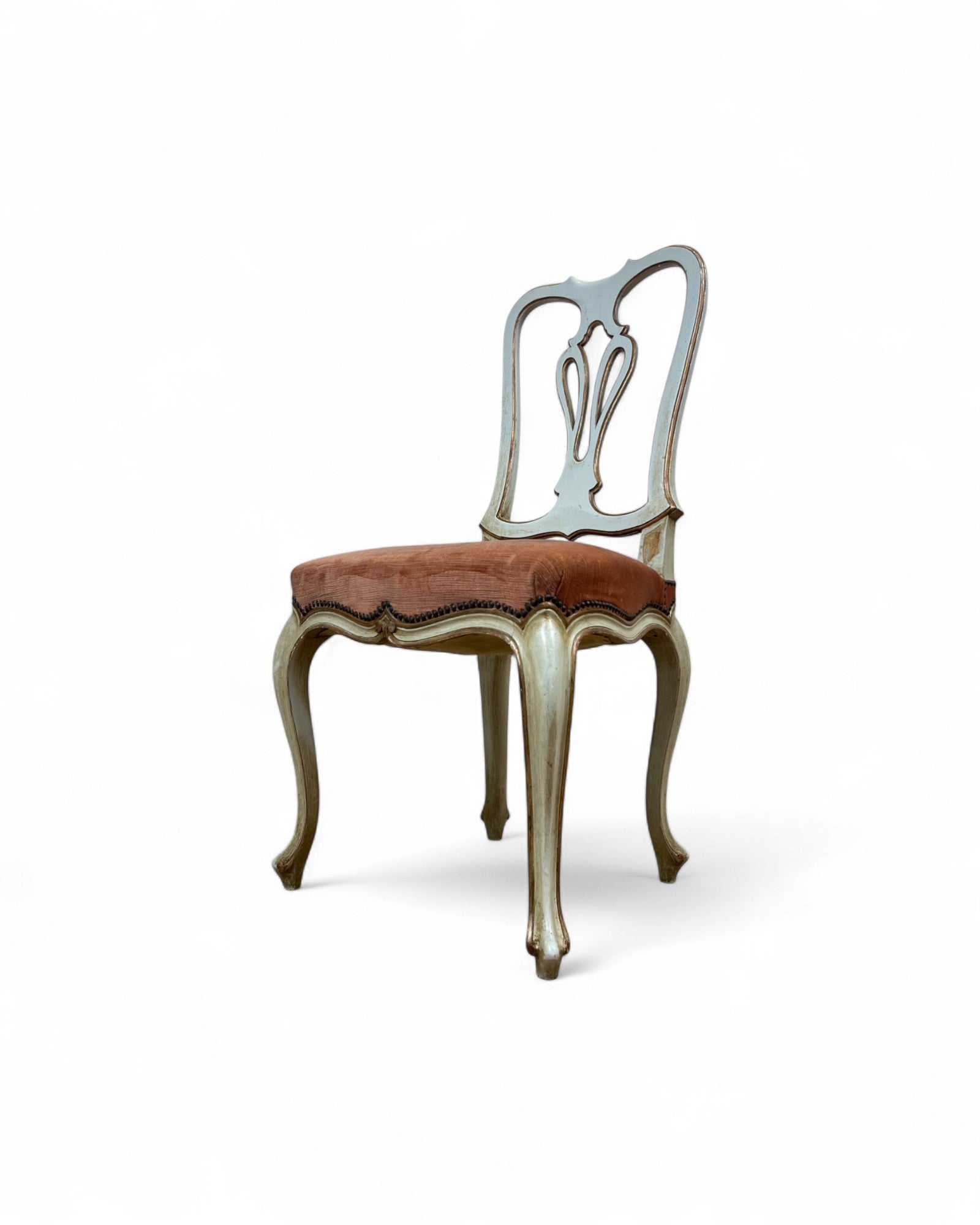 Set of 6 Venetian Lacquered Pearl & Salmon Velvet Dining Chairs