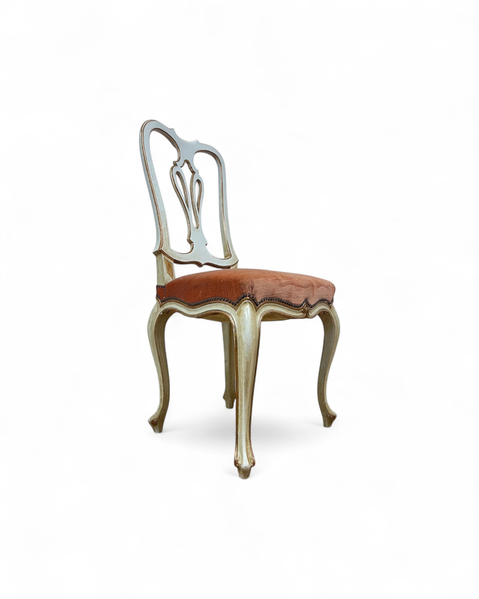 Set of 6 Venetian Lacquered Pearl & Salmon Velvet Dining Chairs