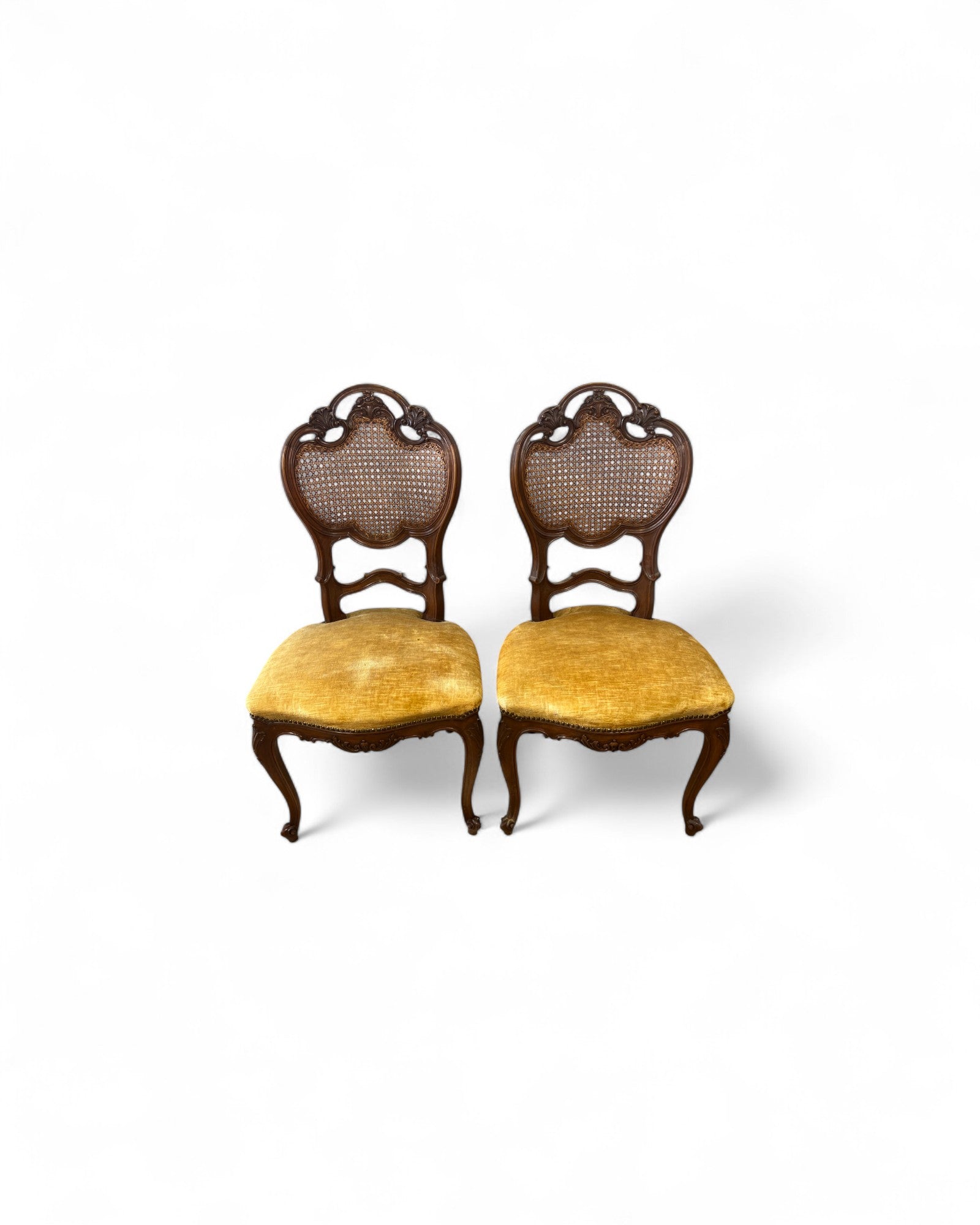 Rococo Revival Balloon-Back Chairs with Caned Backs and Velvet Seats - Set of 2