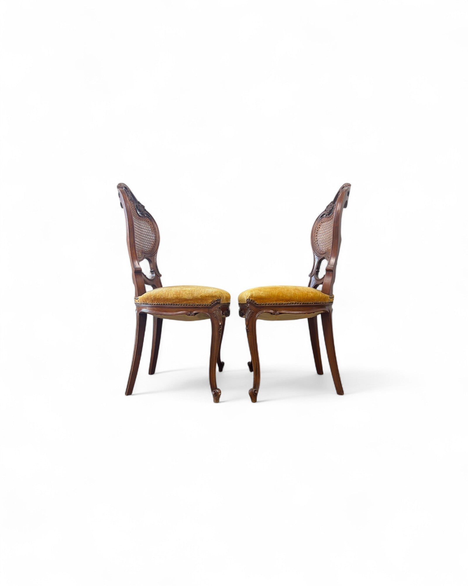 Rococo Revival Balloon-Back Chairs with Caned Backs and Velvet Seats - Set of 2