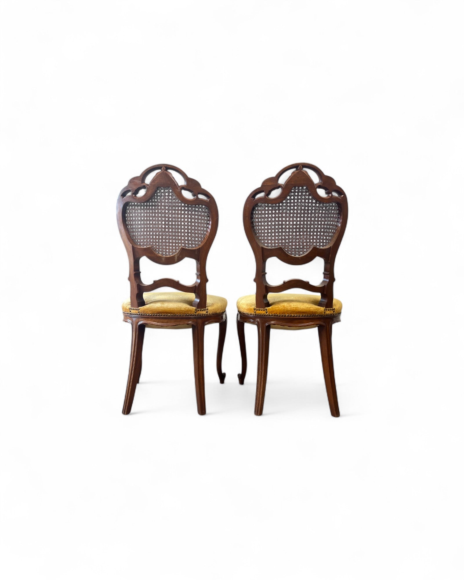 Rococo Revival Balloon-Back Chairs with Caned Backs and Velvet Seats - Set of 2
