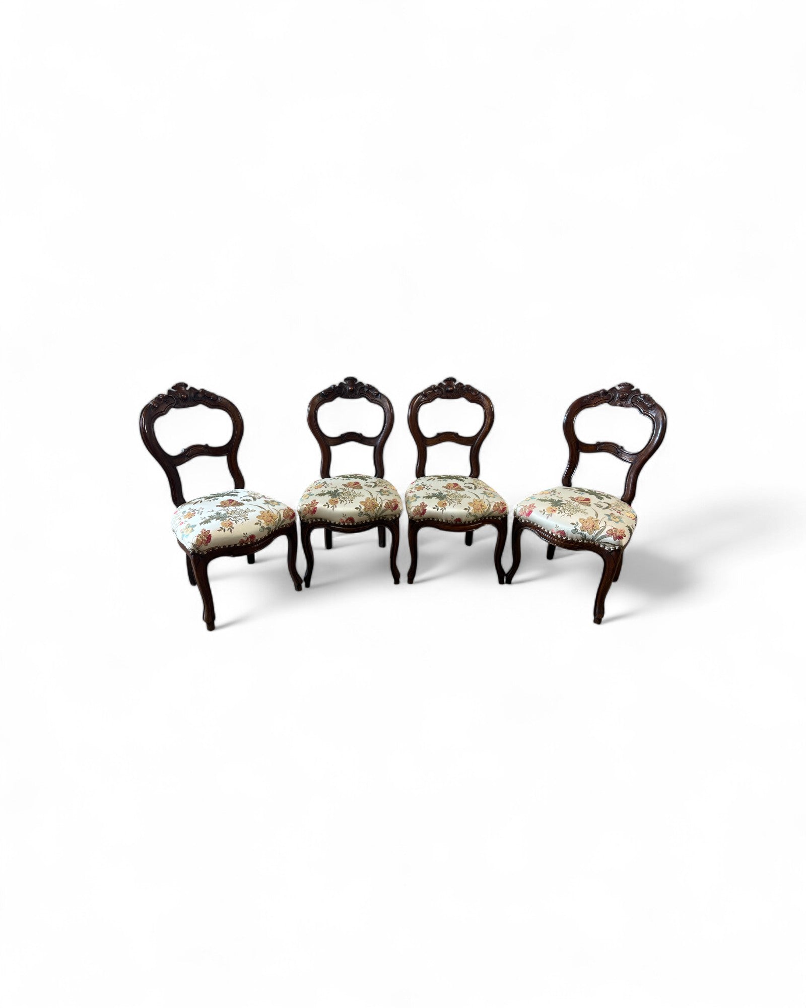 Victorian Balloon-Back Floral Dining Chairs - Set of 4