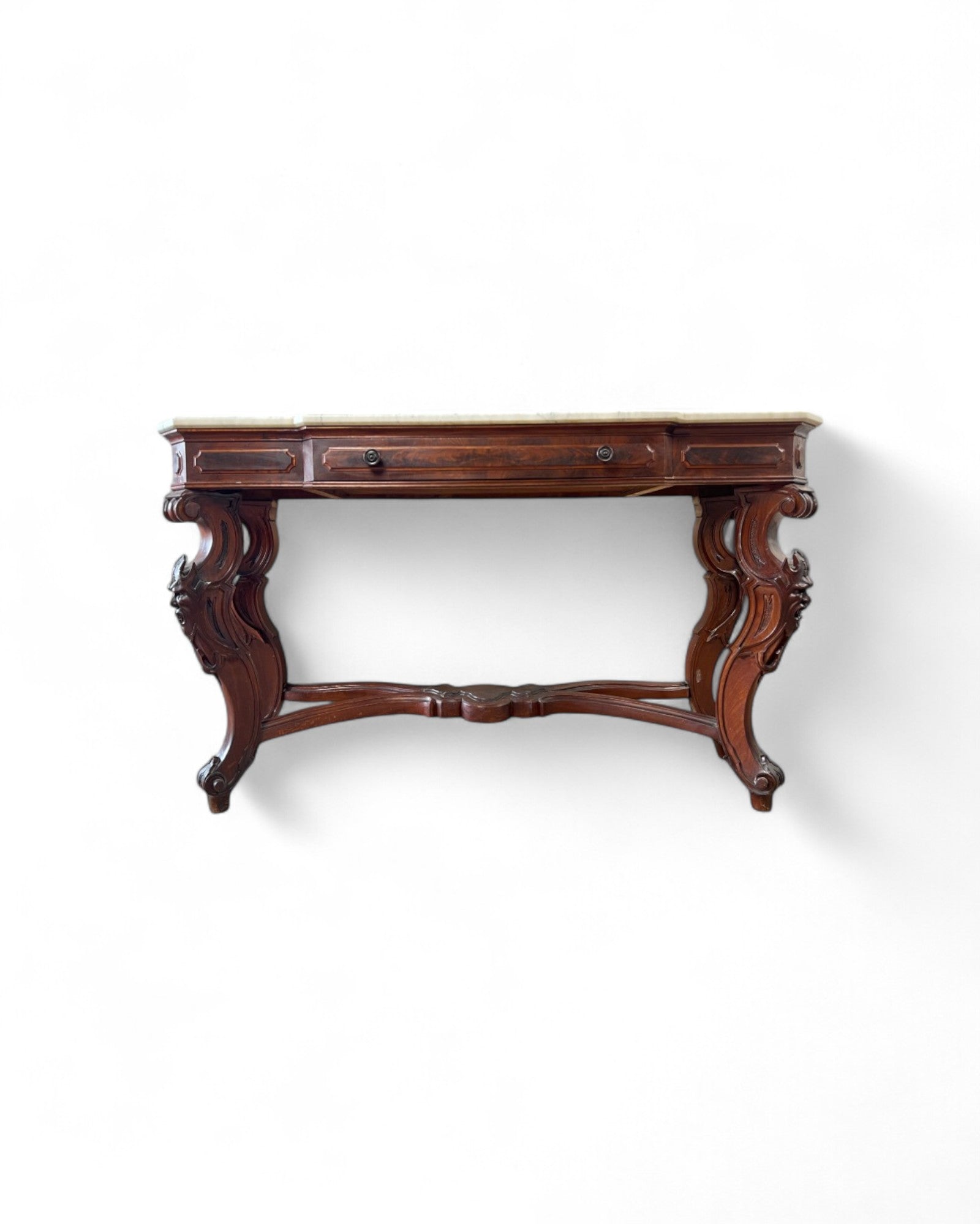 Renaissance White Marble Top Grotesque Leg Console Table