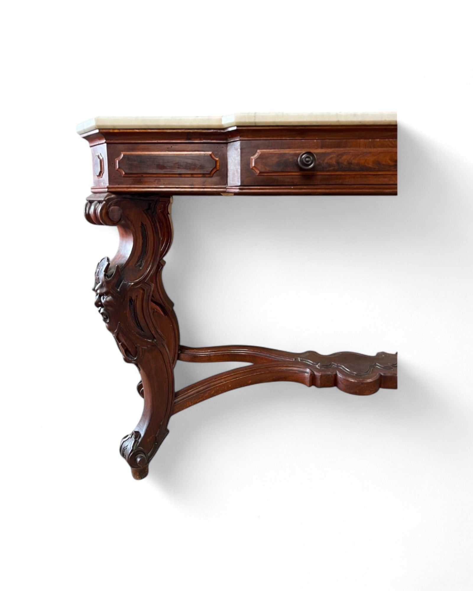 Renaissance White Marble Top Grotesque Leg Console Table