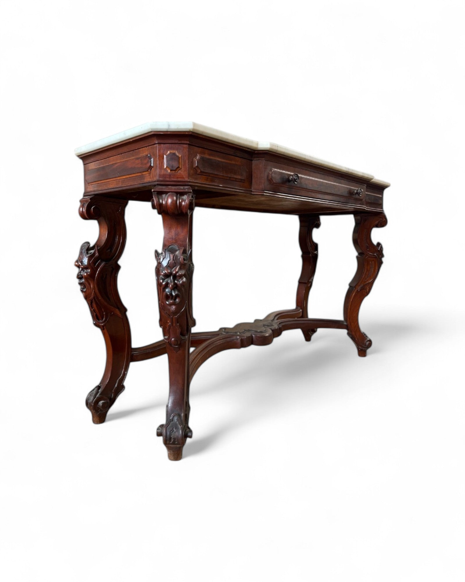 Renaissance White Marble Top Grotesque Leg Console Table