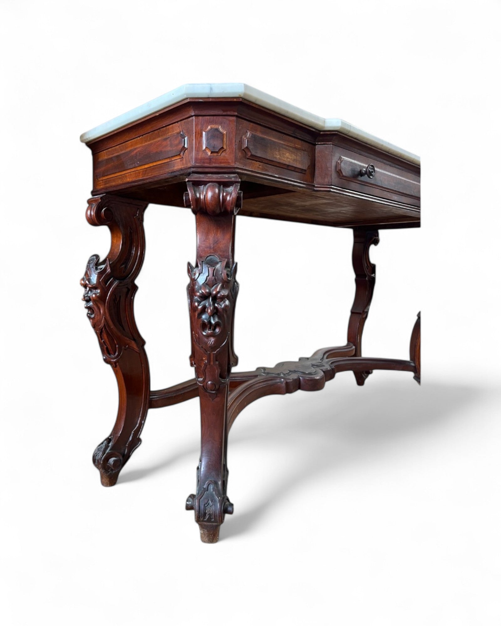 Renaissance White Marble Top Grotesque Leg Console Table