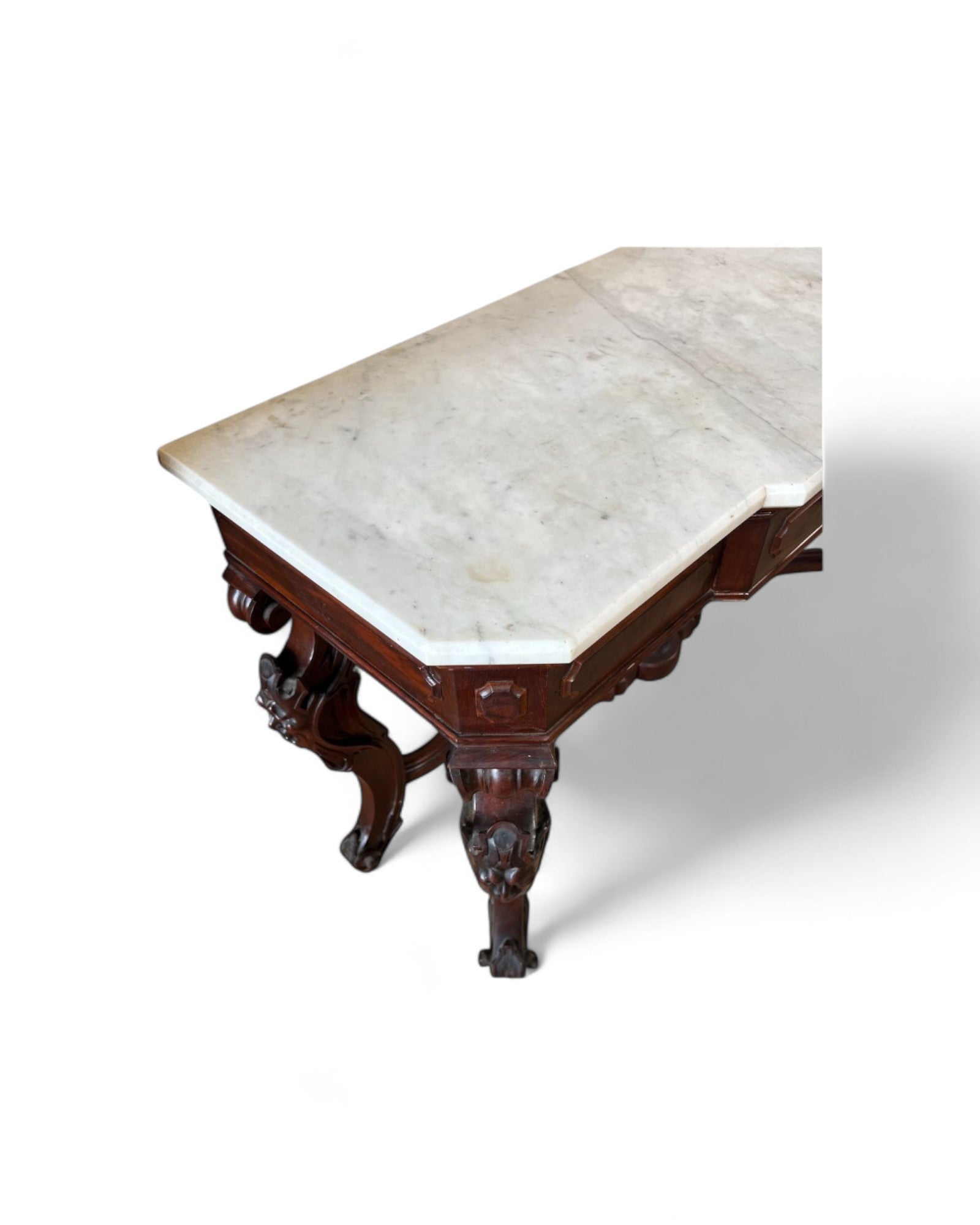 Renaissance White Marble Top Grotesque Leg Console Table