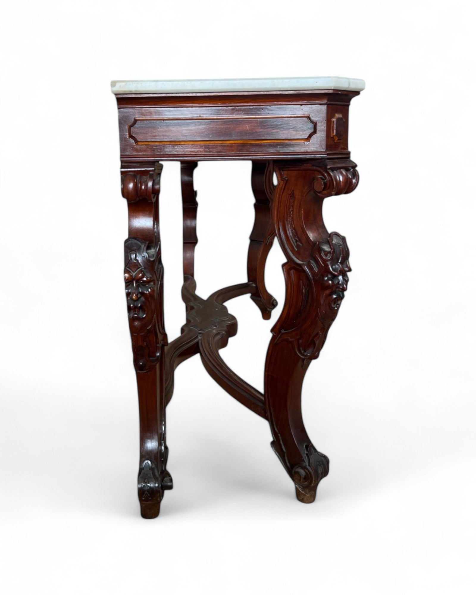 Renaissance White Marble Top Grotesque Leg Console Table