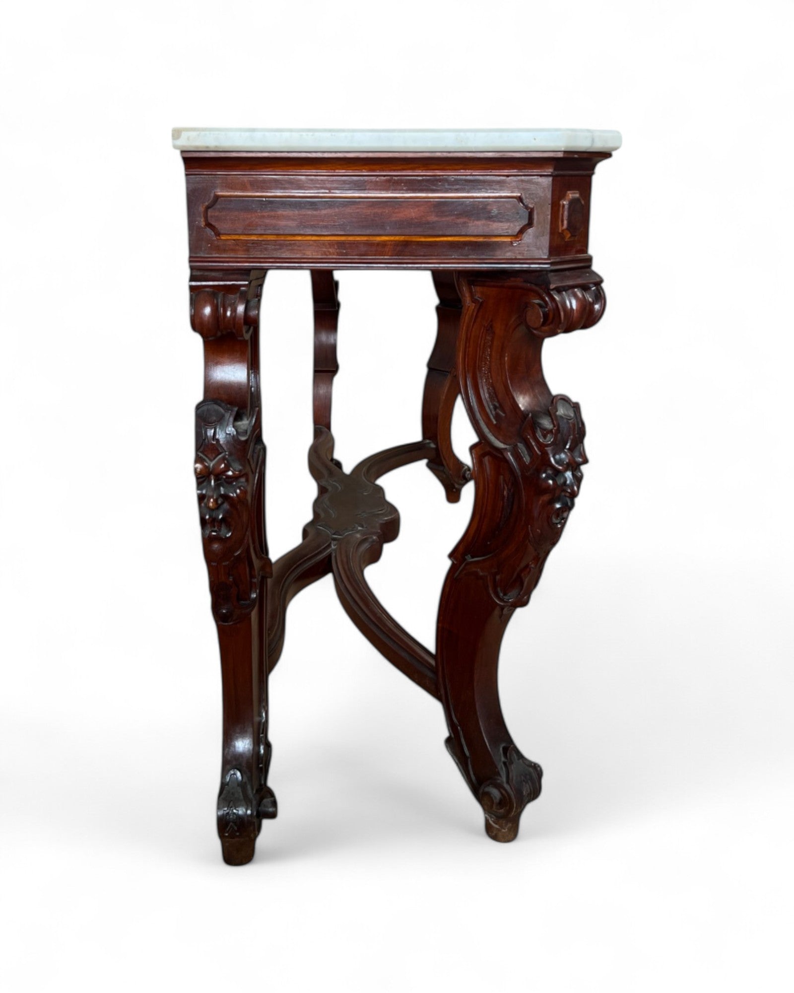 Renaissance White Marble Top Grotesque Leg Console Table