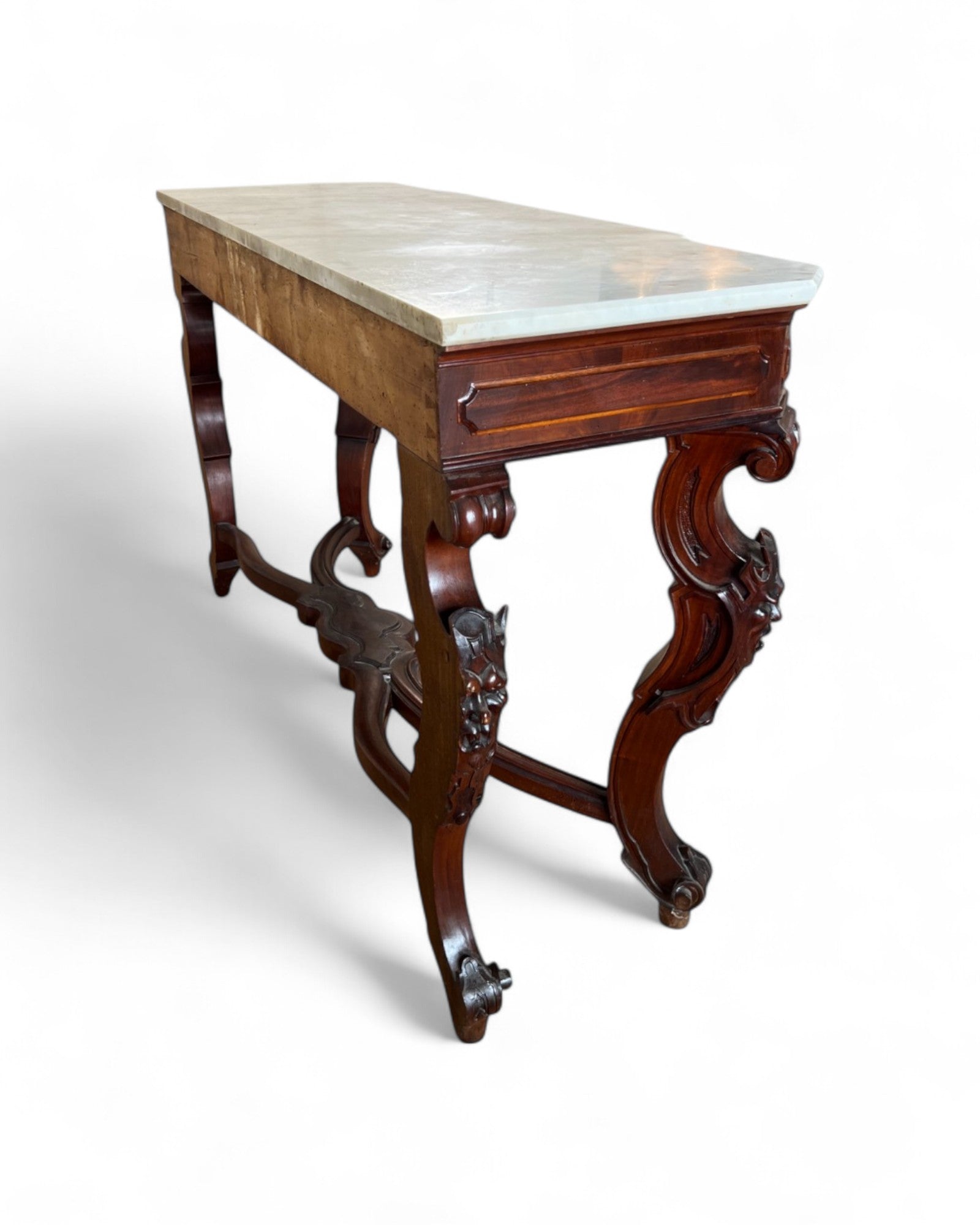 Renaissance White Marble Top Grotesque Leg Console Table
