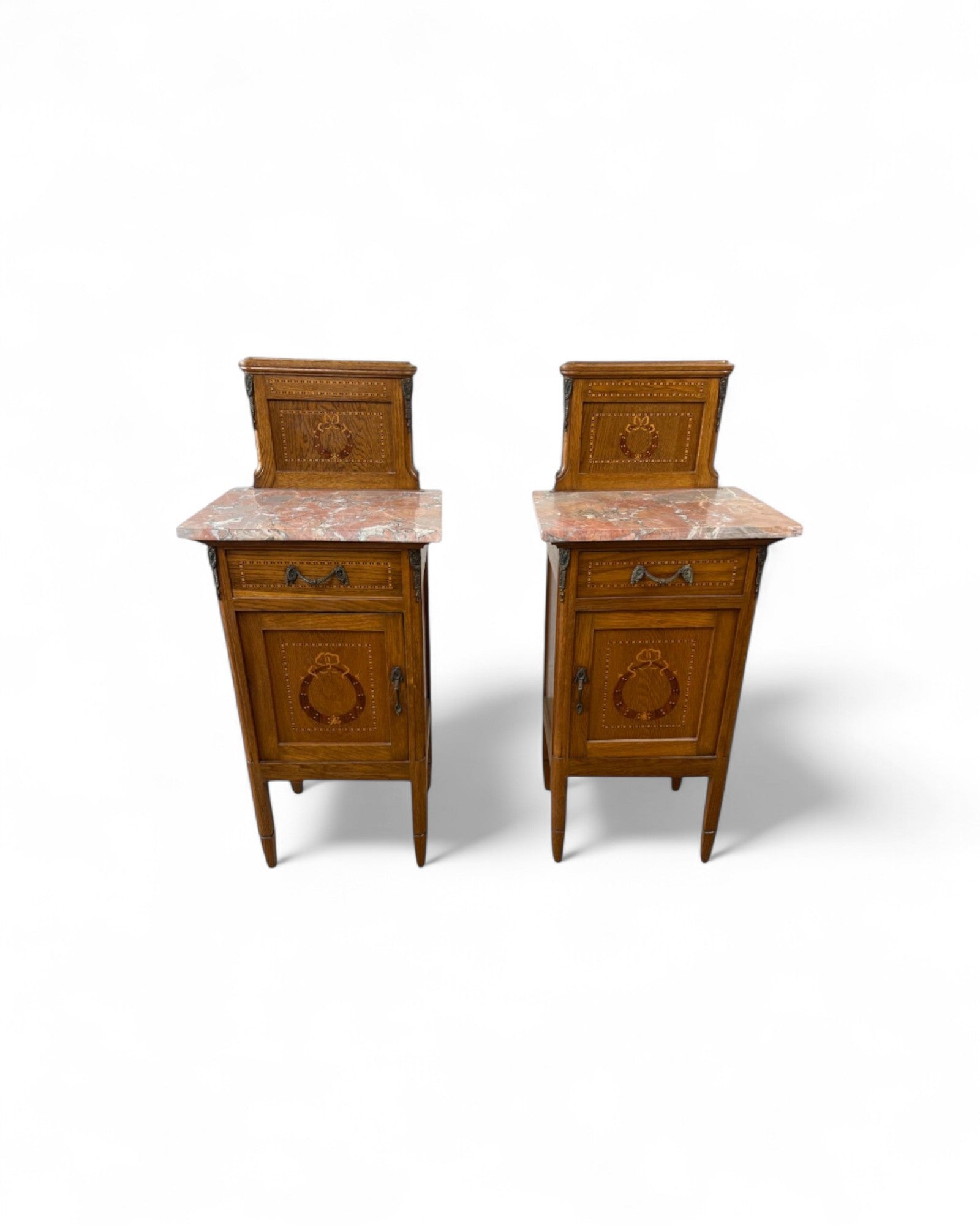 Pair of Provincial Oak Louis XVI Marble Top Nightstands