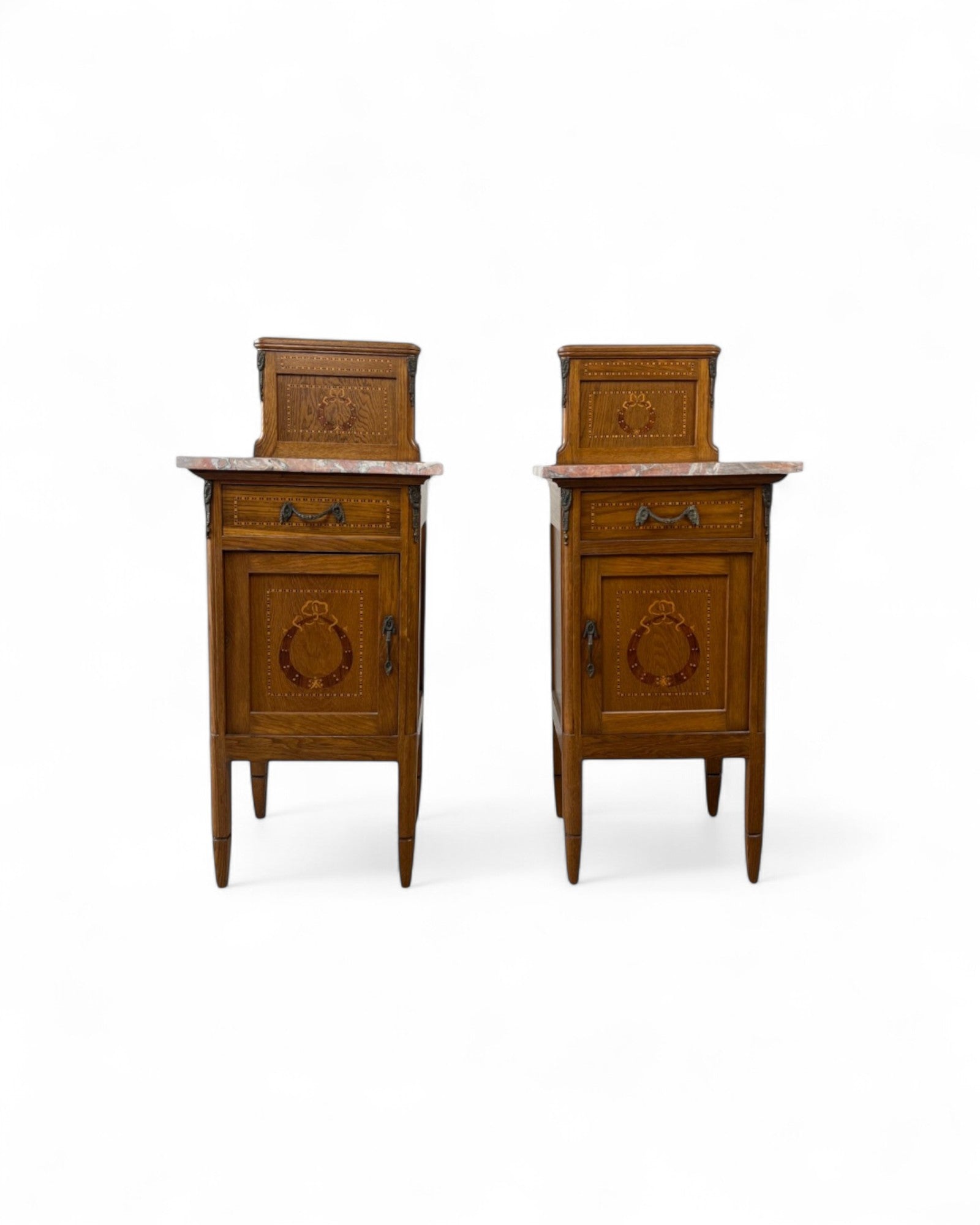Pair of Provincial Oak Louis XVI Marble Top Nightstands