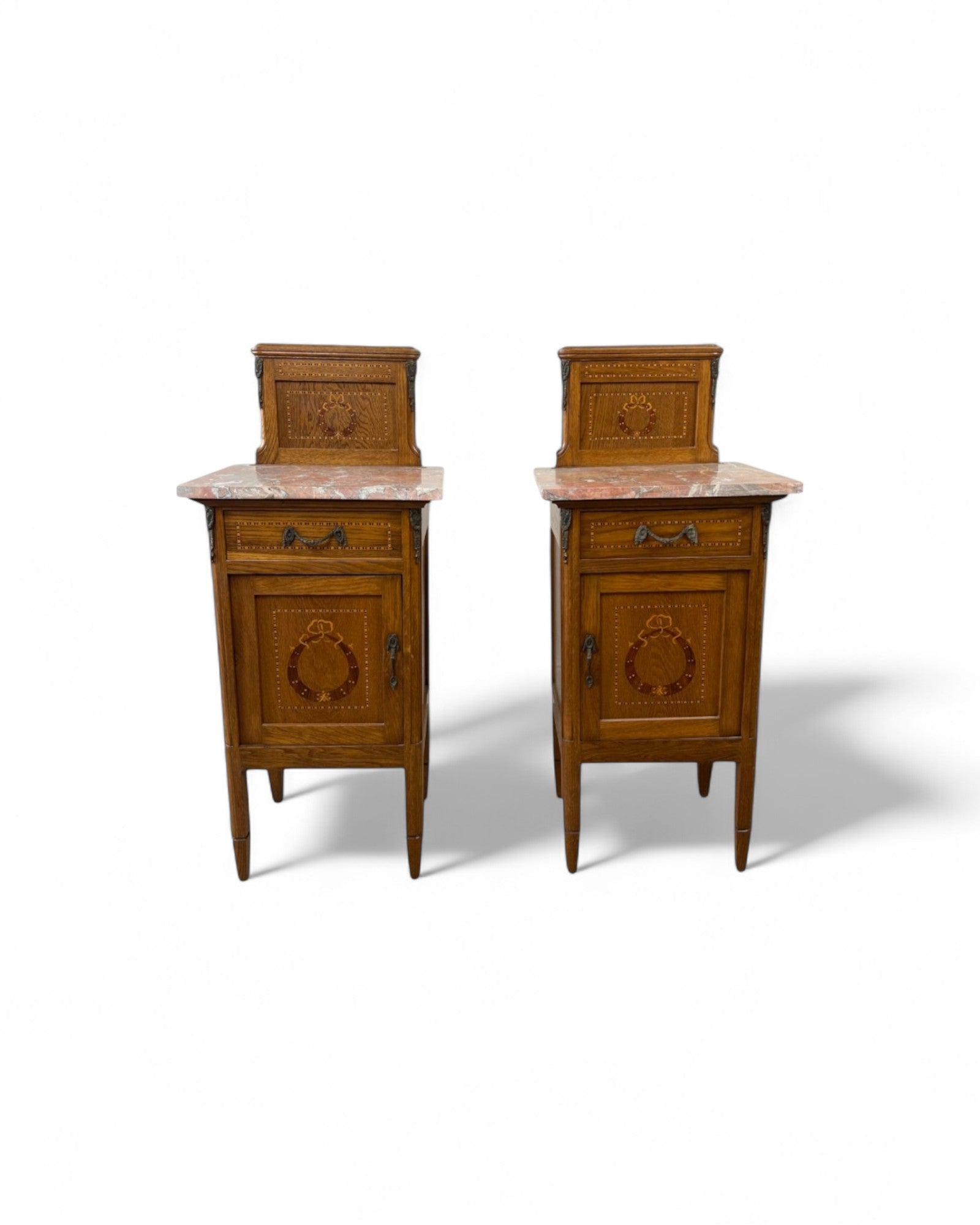 Pair of Provincial Oak Louis XVI Marble Top Nightstands