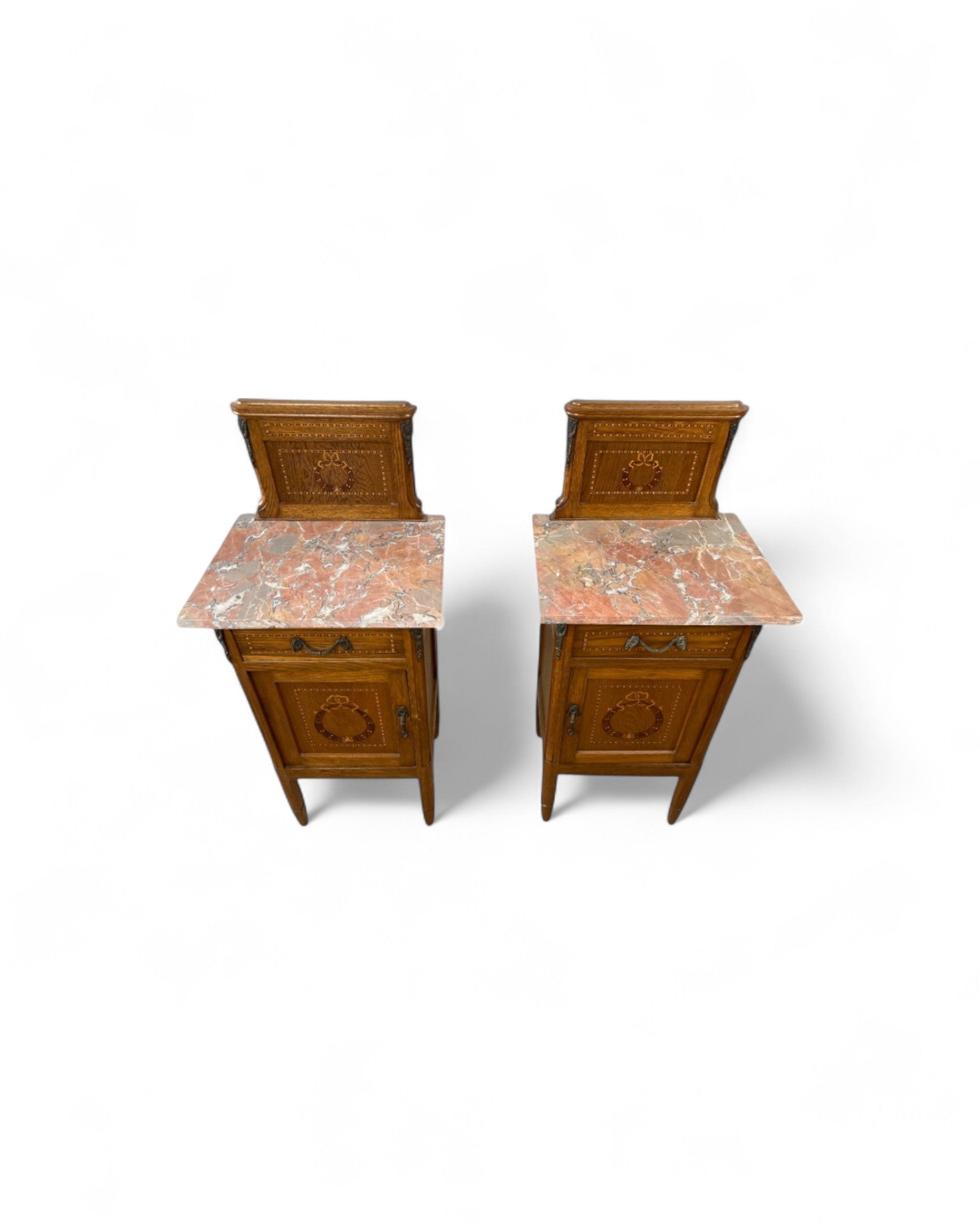 Pair of Provincial Oak Louis XVI Marble Top Nightstands