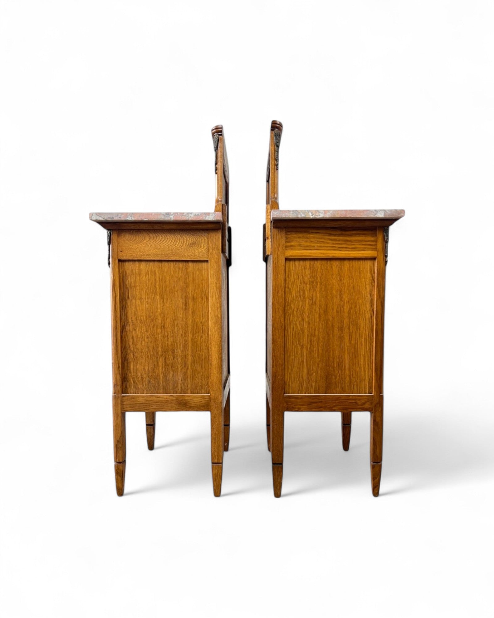 Pair of Provincial Oak Louis XVI Marble Top Nightstands