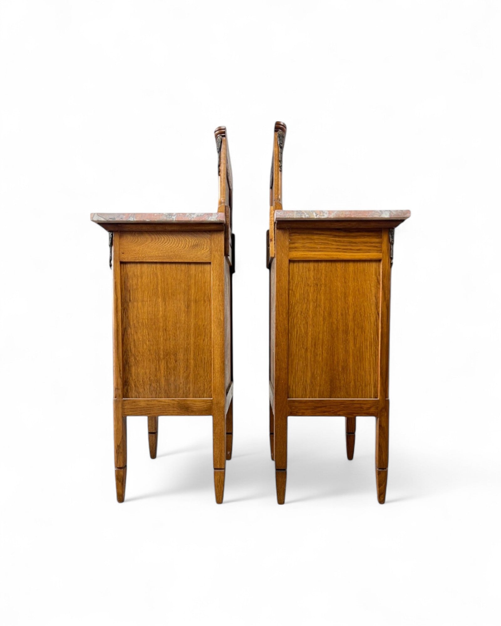 Pair of Provincial Oak Louis XVI Marble Top Nightstands