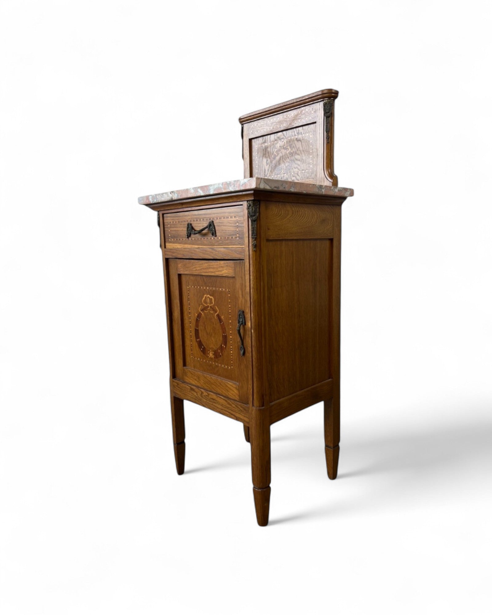 Pair of Provincial Oak Louis XVI Marble Top Nightstands