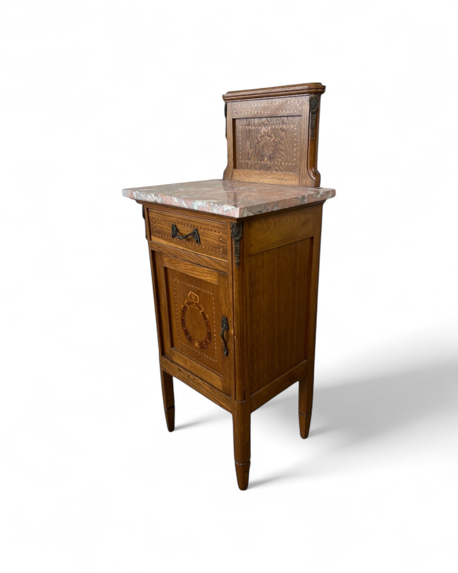 Pair of Provincial Oak Louis XVI Marble Top Nightstands