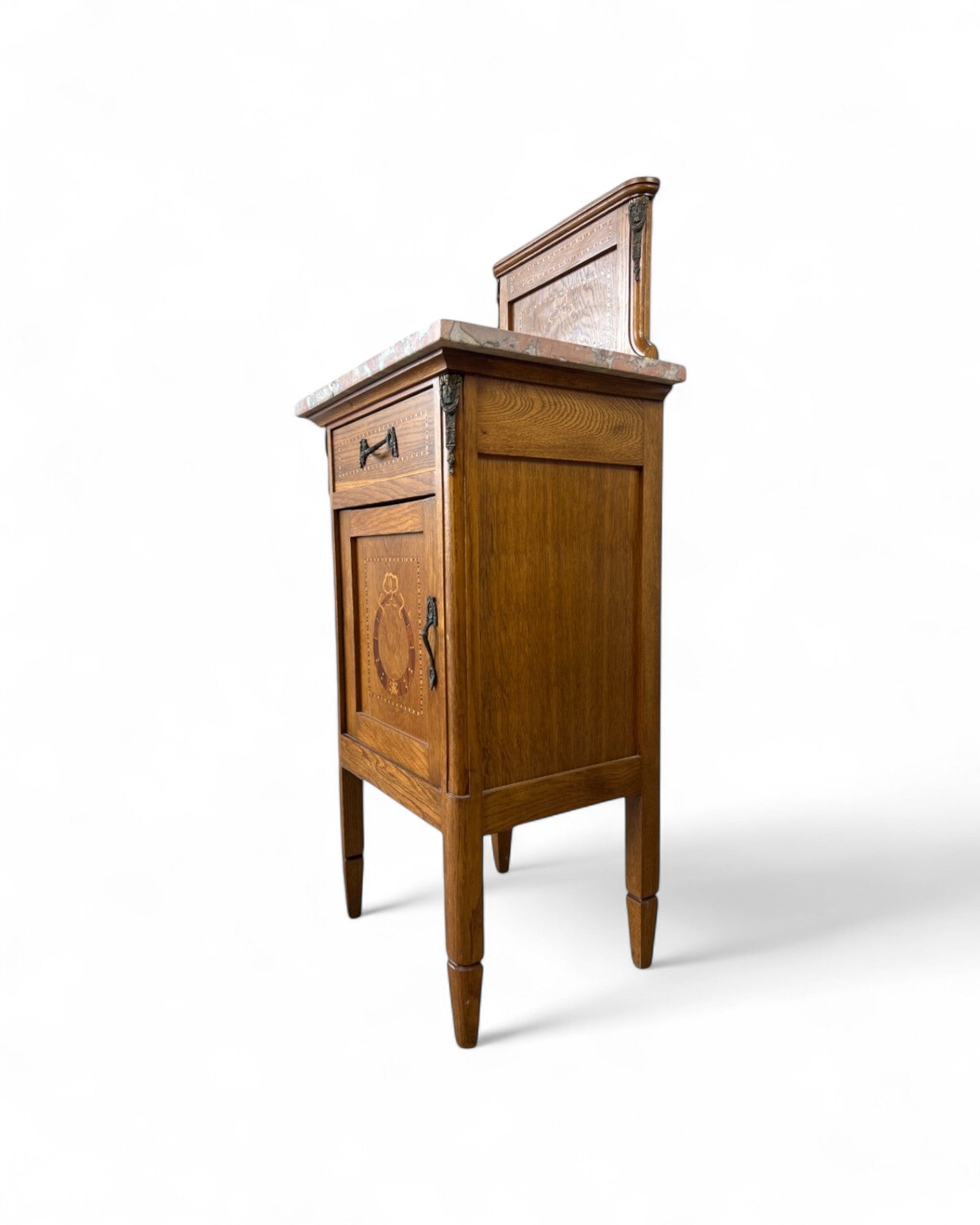 Pair of Provincial Oak Louis XVI Marble Top Nightstands