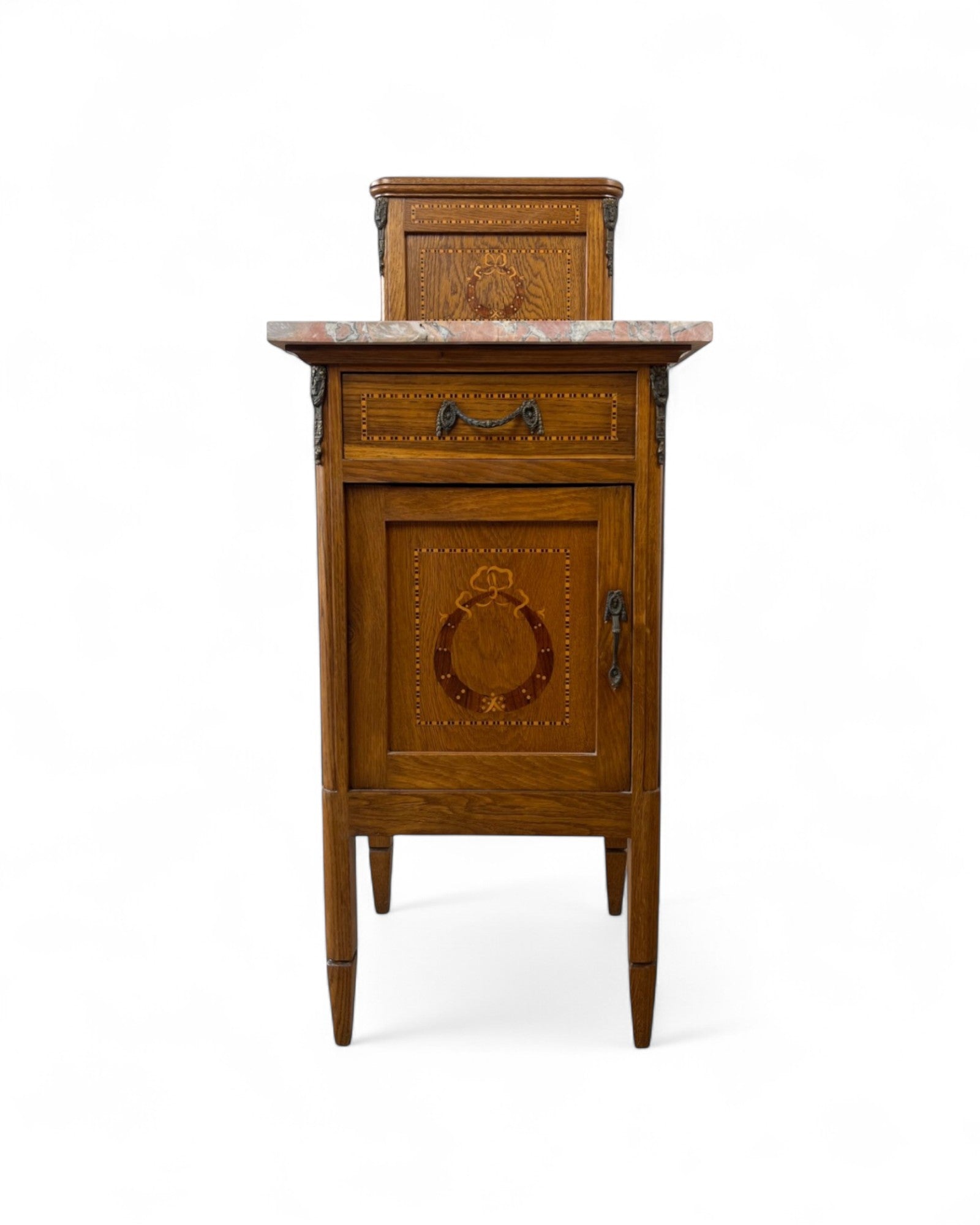 Pair of Provincial Oak Louis XVI Marble Top Nightstands