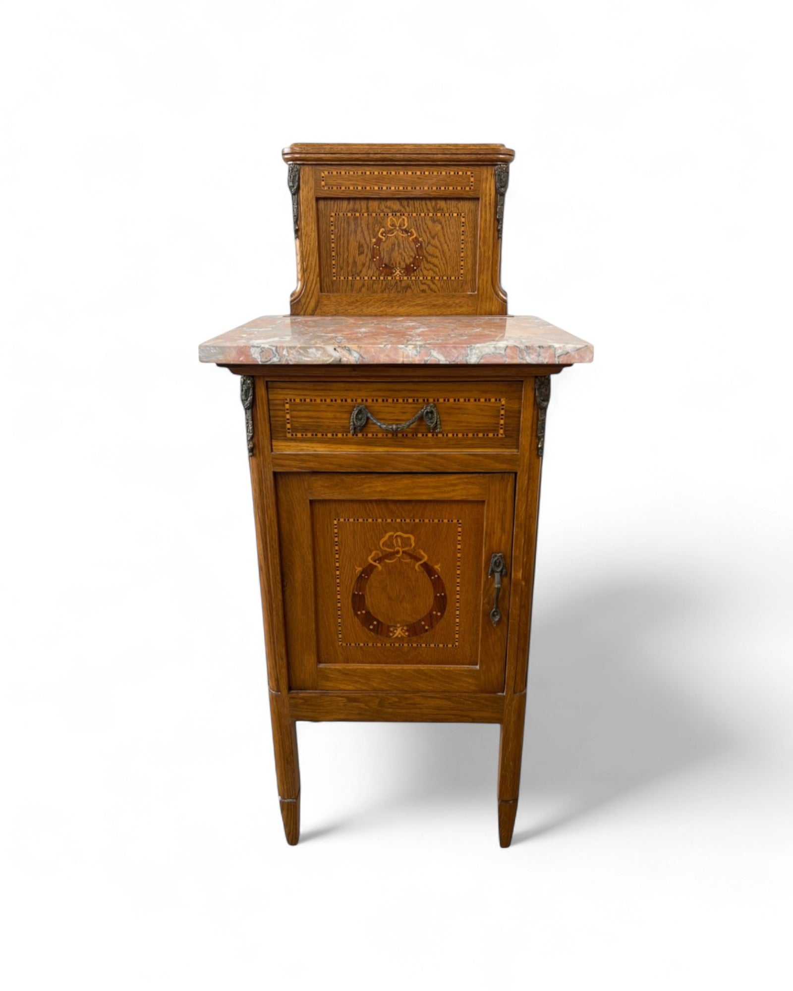 Pair of Provincial Oak Louis XVI Marble Top Nightstands