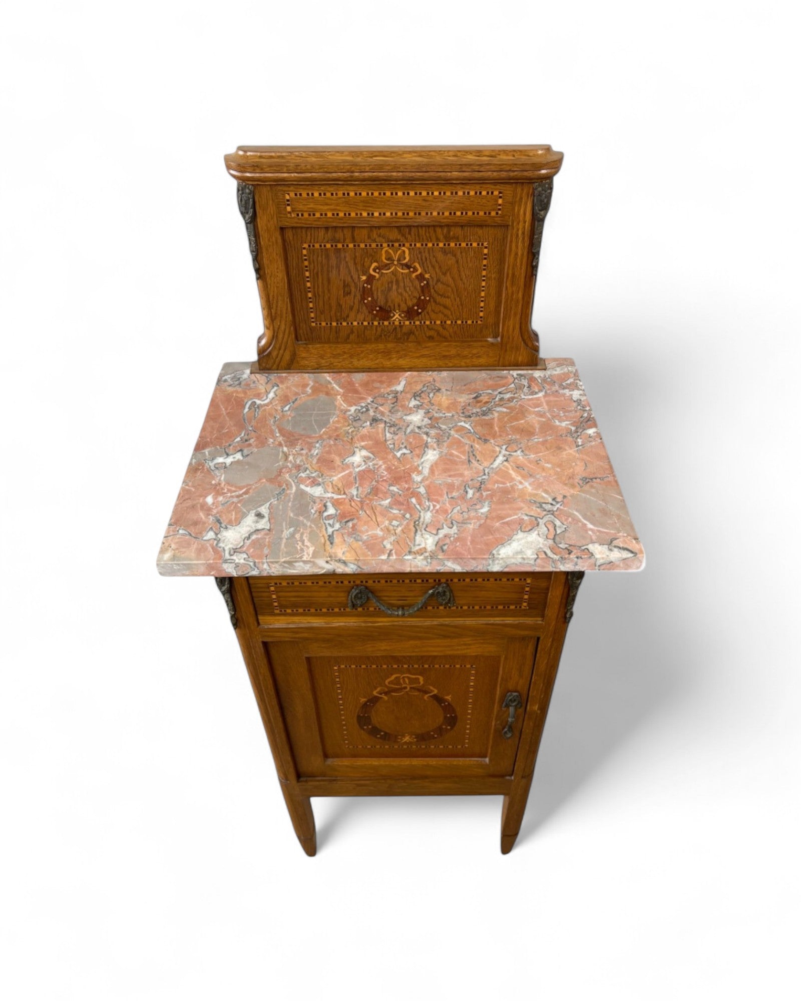 Pair of Provincial Oak Louis XVI Marble Top Nightstands