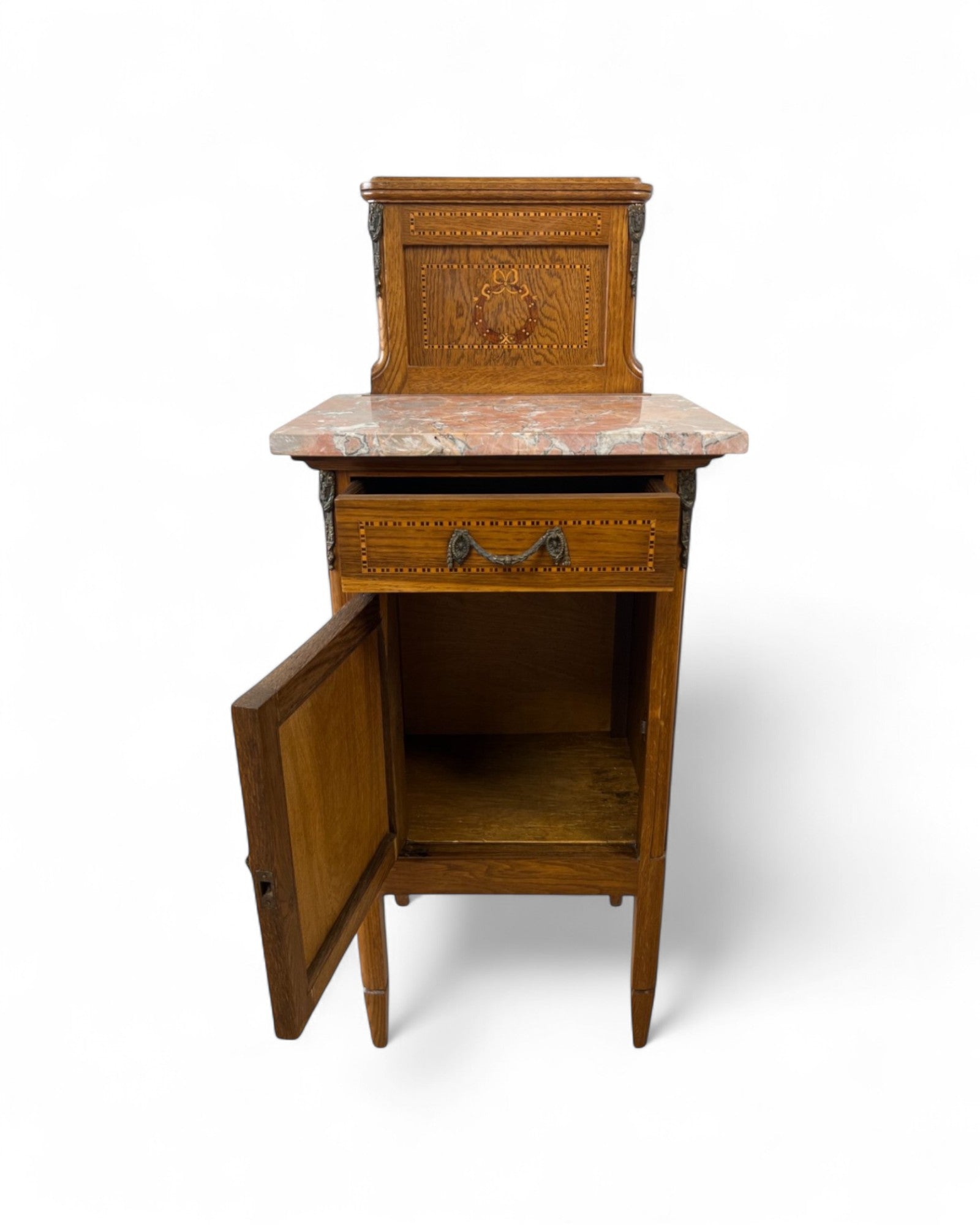 Pair of Provincial Oak Louis XVI Marble Top Nightstands