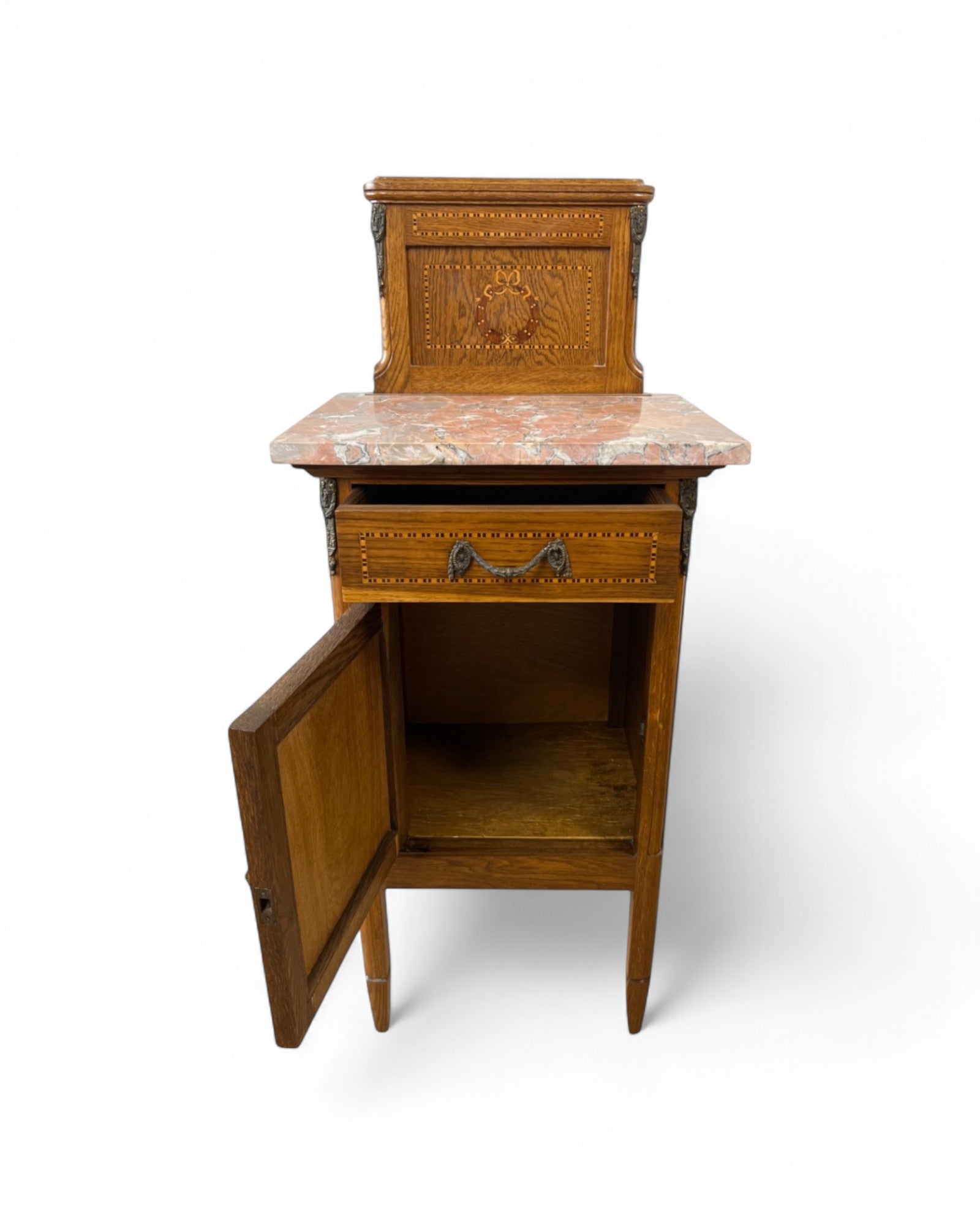 Pair of Provincial Oak Louis XVI Marble Top Nightstands