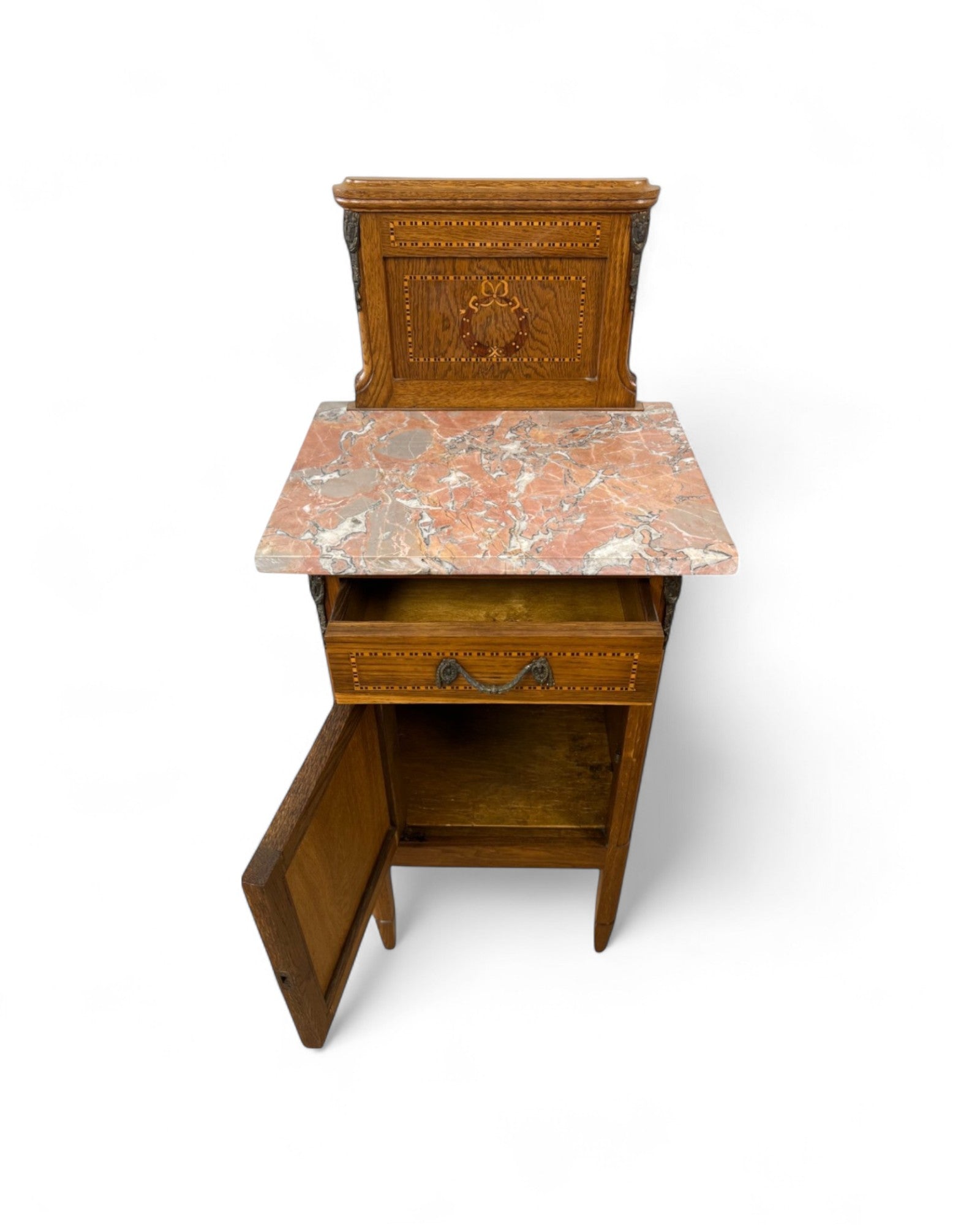 Pair of Provincial Oak Louis XVI Marble Top Nightstands